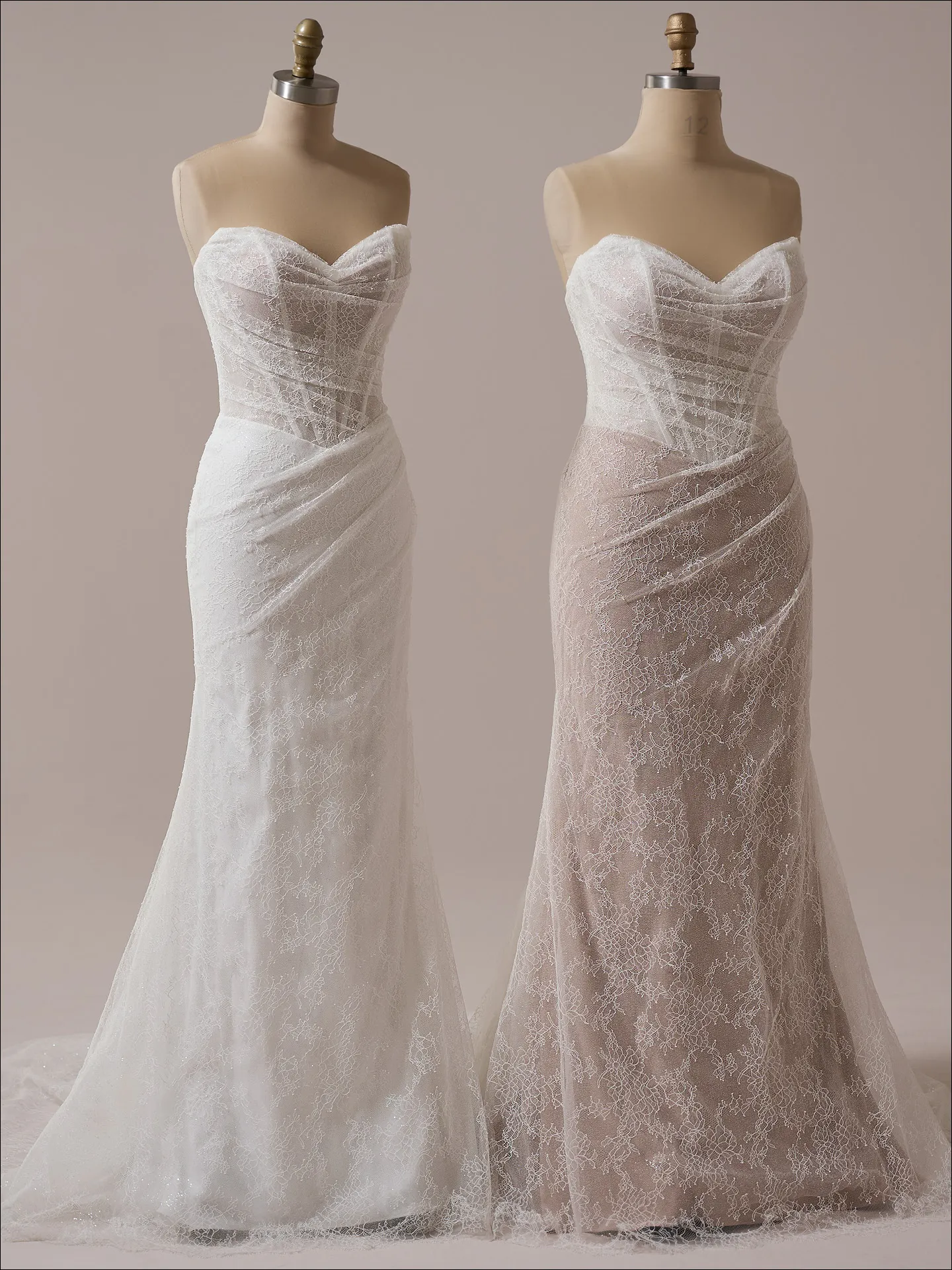 Maggie Sottero Sasha sheath wedding dress front view in blush tone fitted silhouette