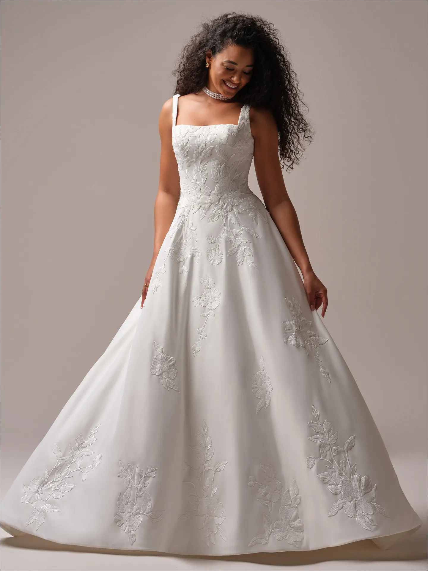 Maggie Sottero Sheridan A line wedding dress front view with lace bodice and skirt