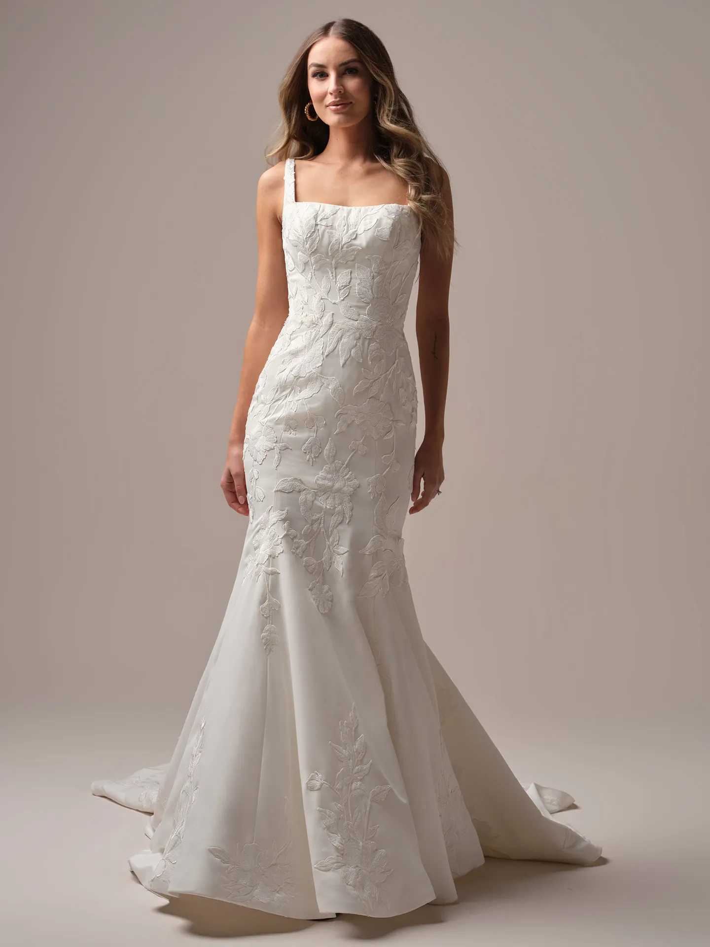 Maggie Sottero Sheridan Lane fit and flare wedding dress front view with lace bodice