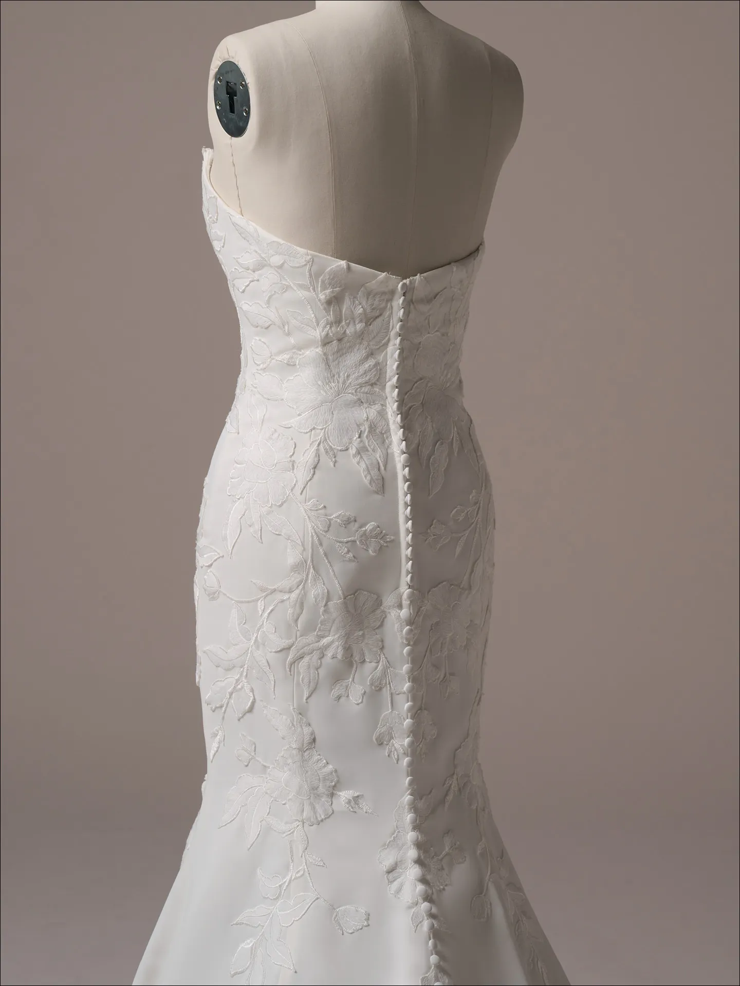 Maggie Sottero Sheridan Lane fit and flare wedding dress back view with long train