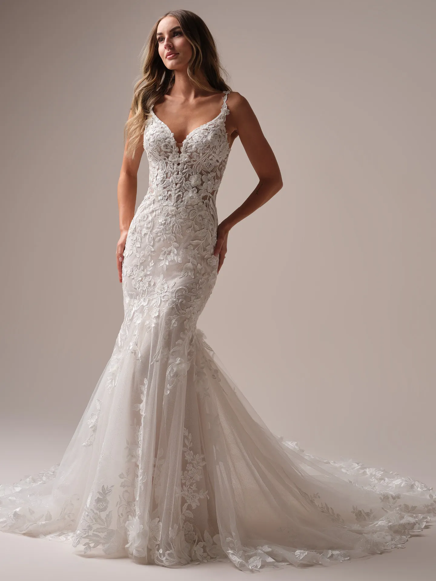Maggie Sottero Sonoma fit and flare wedding dress front view with lace bodice