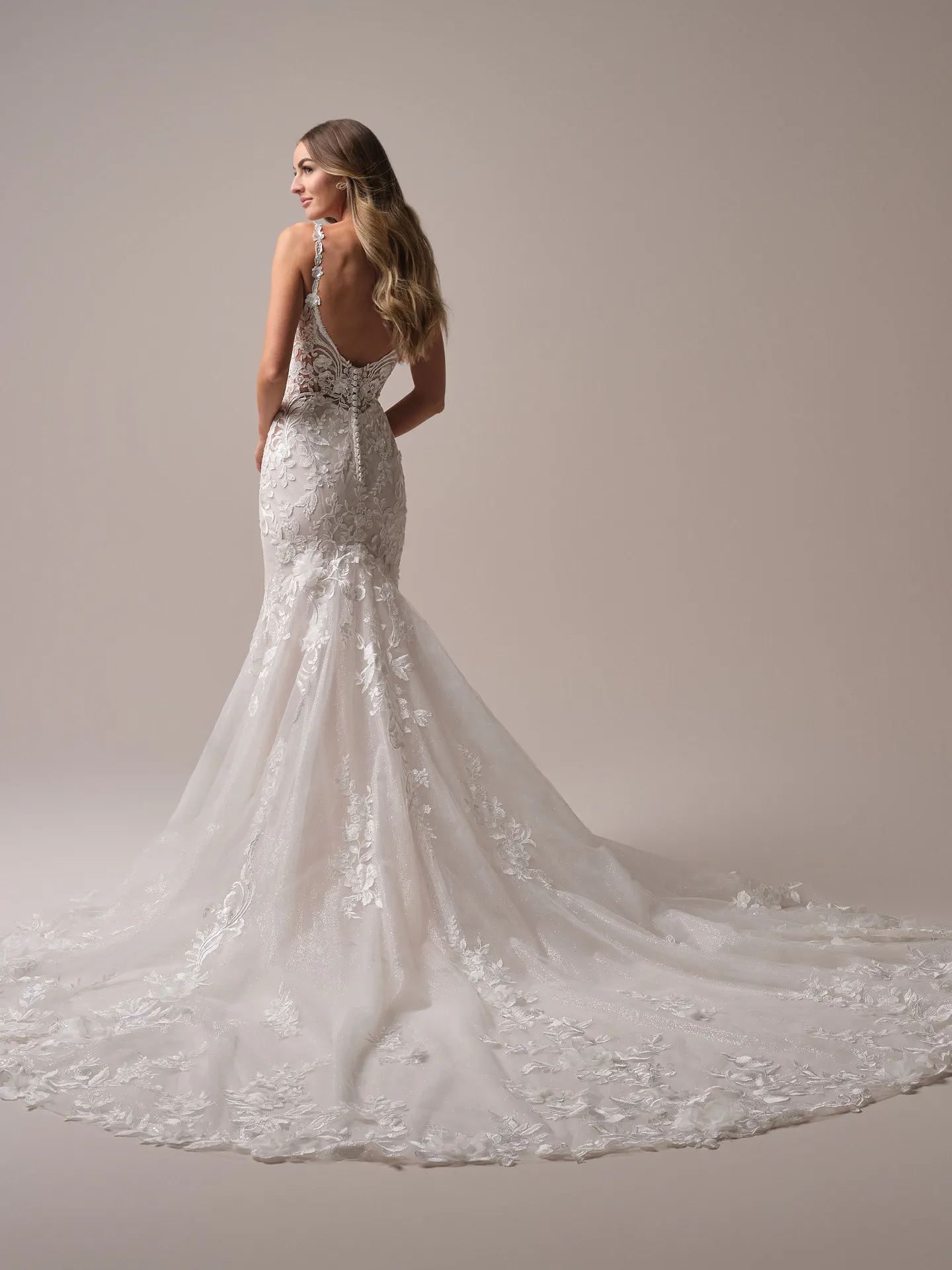 Maggie Sottero Sonoma fit and flare wedding dress side angle with contoured fit