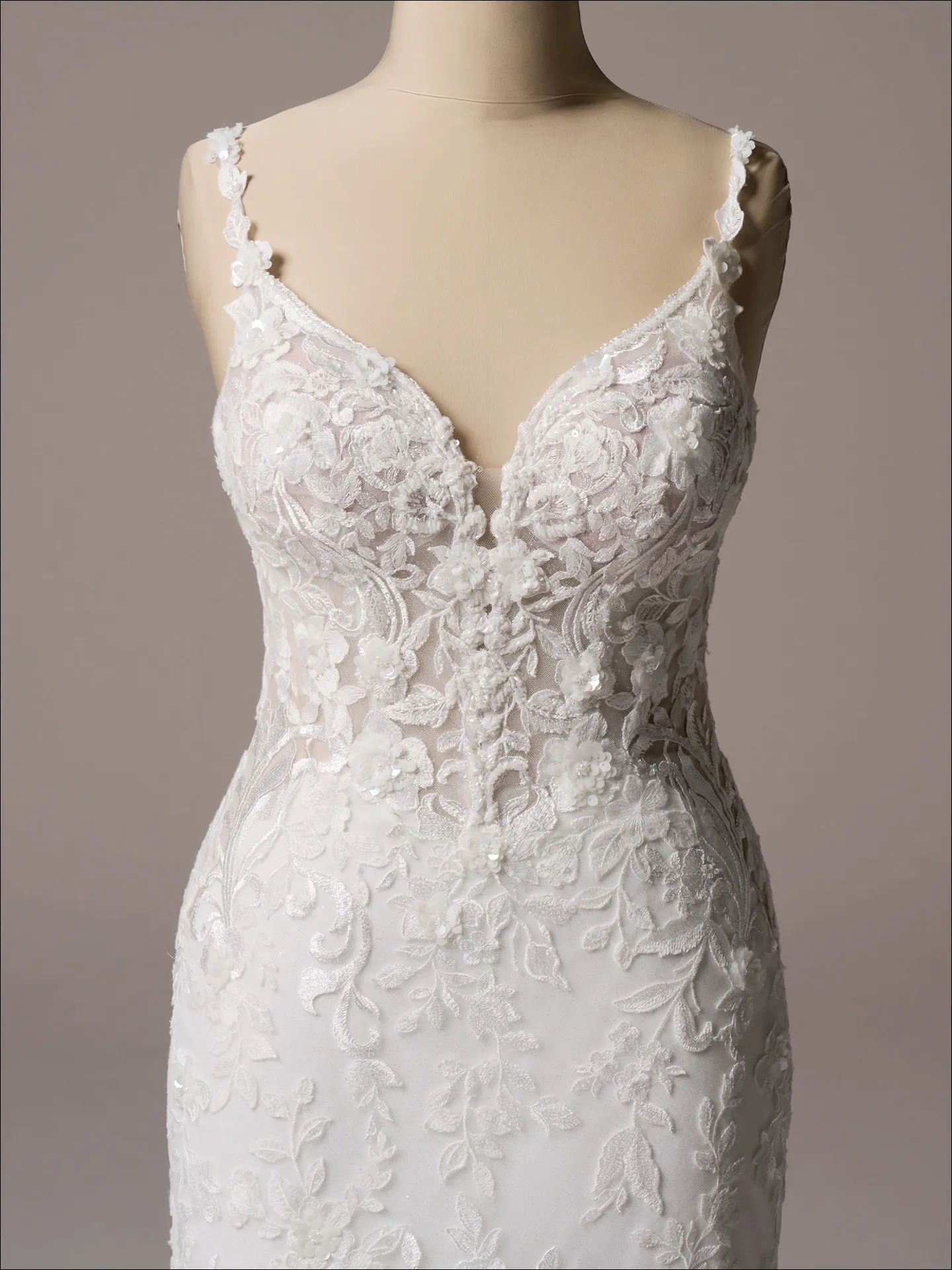Maggie Sottero Sonoma fit and flare wedding dress front view in ivory tone lace