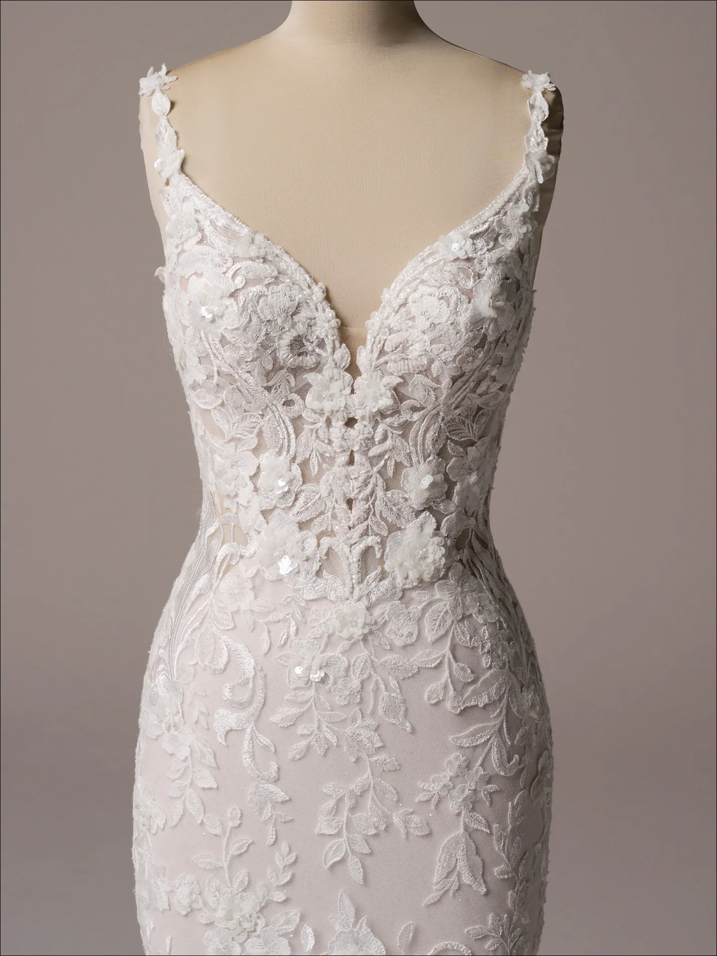 Maggie Sottero Sonoma fit and flare wedding dress front view in soft ivory lace