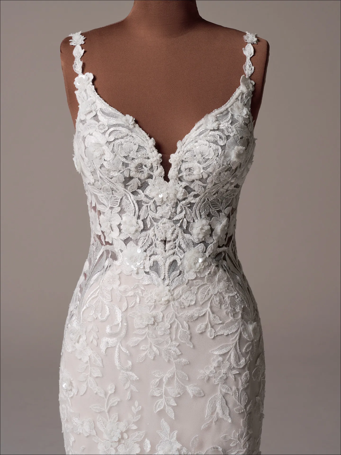 Maggie Sottero Sonoma fit and flare wedding dress front view in mocha tone lace