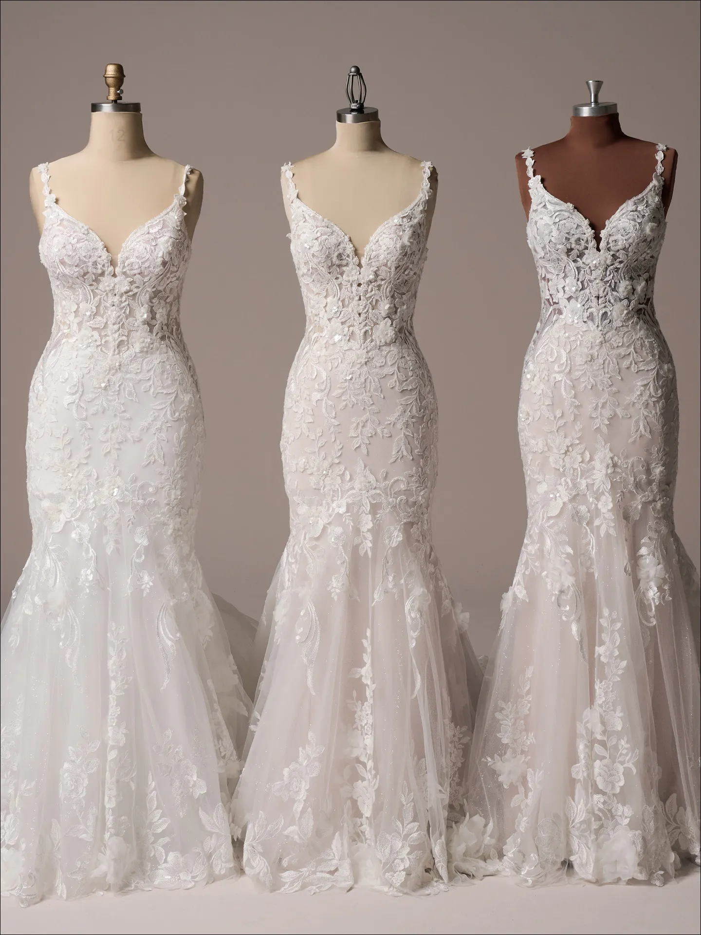 Maggie Sottero Sonoma fit and flare wedding dress front view in blush tone lace
