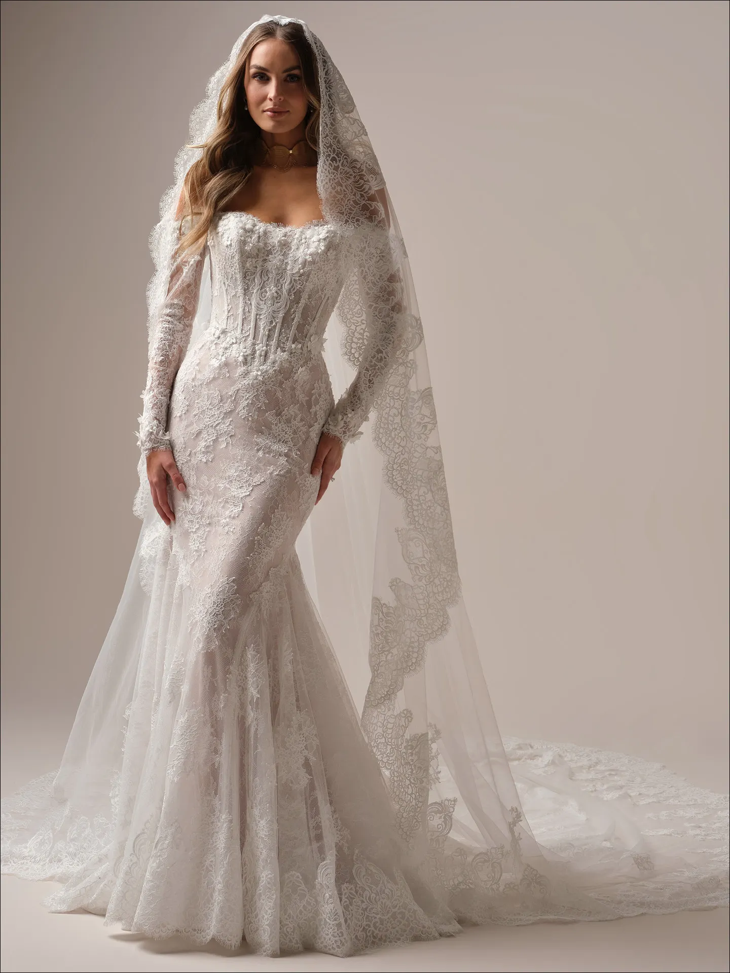 Maggie Sottero Takera fit and flare wedding dress front view with lace bodice