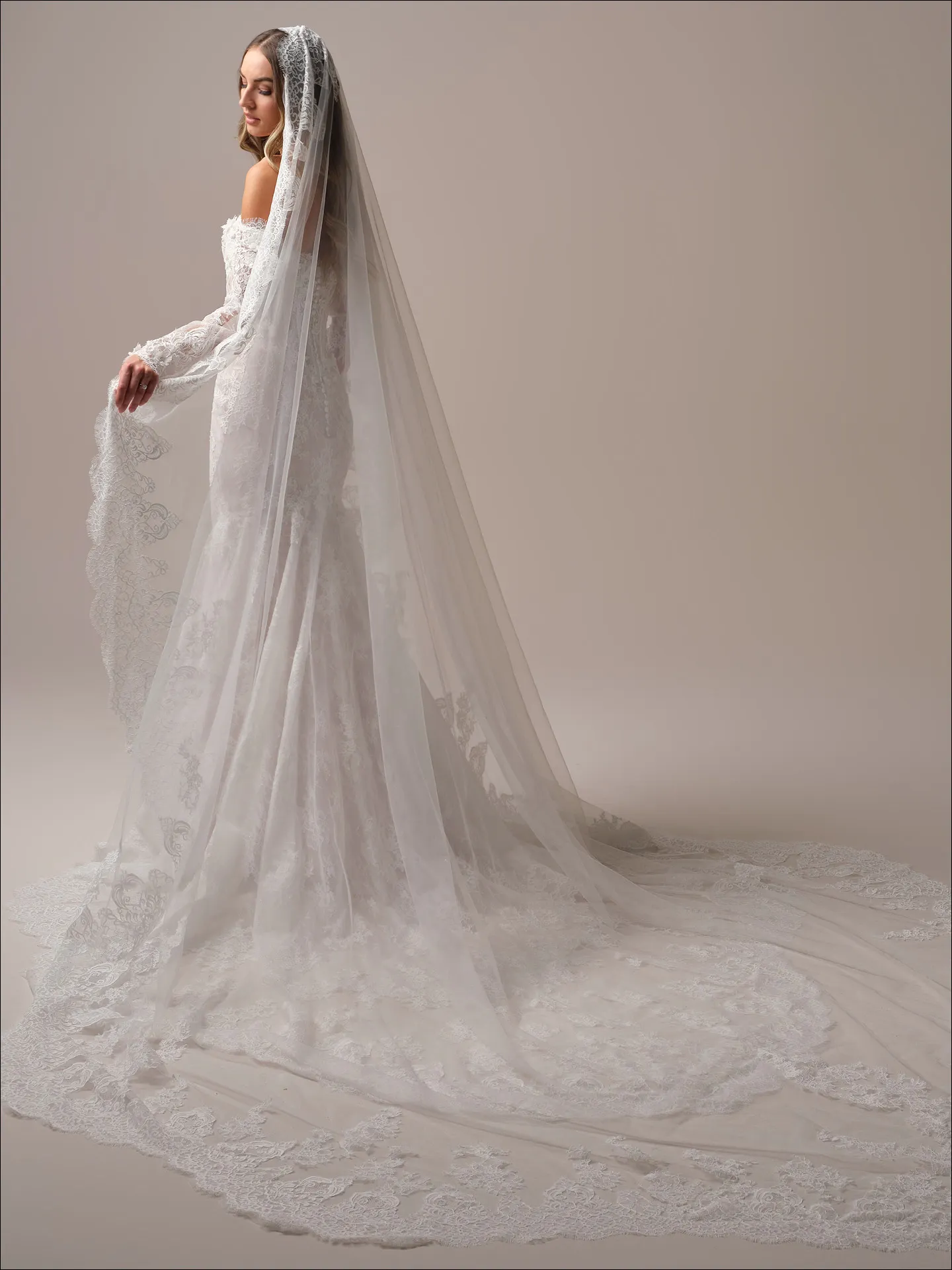 Maggie Sottero Takera fit and flare wedding dress front view with fitted bodice