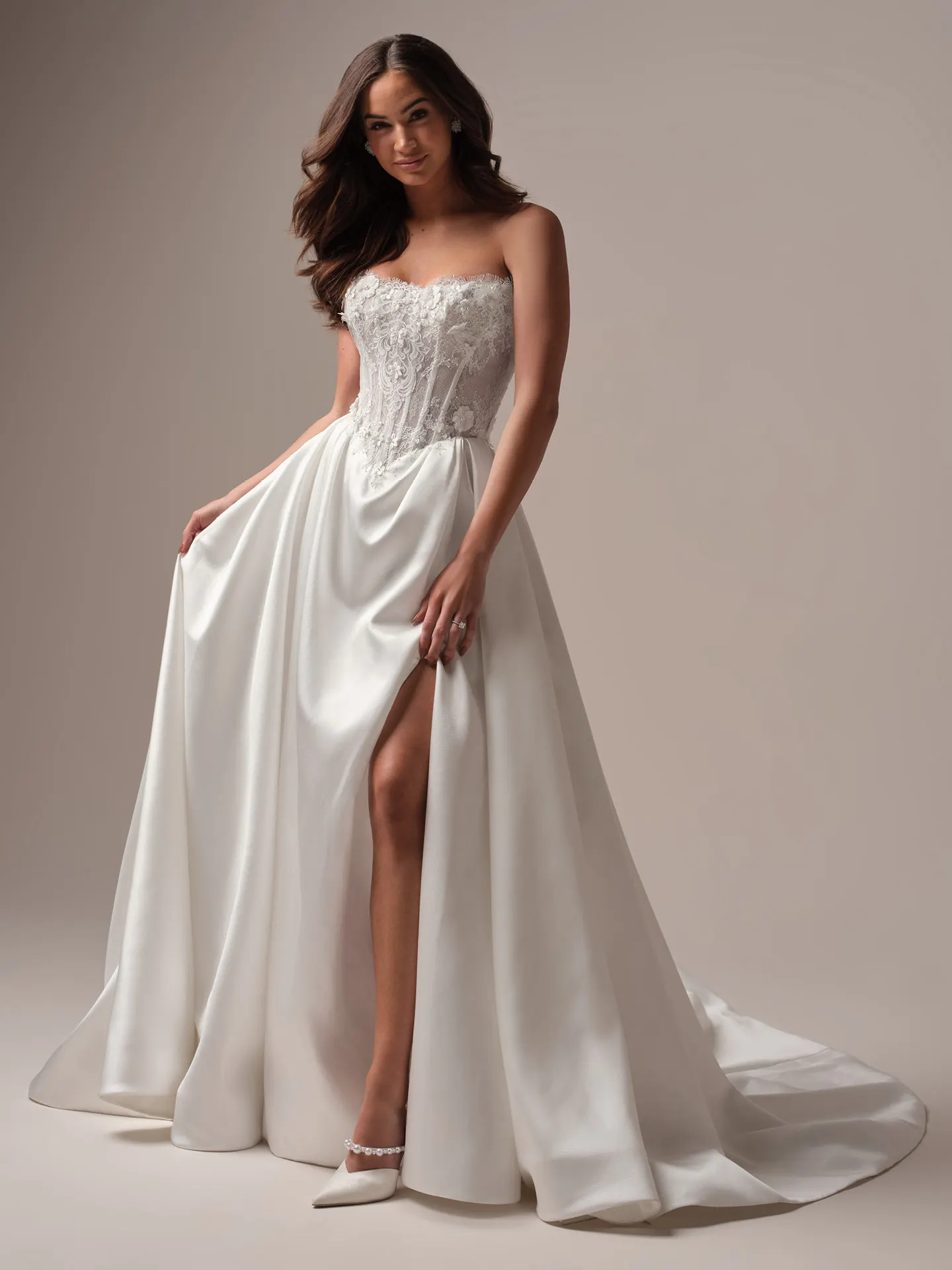 Maggie Sottero Takera Lane A line wedding dress front view with soft tulle skirt