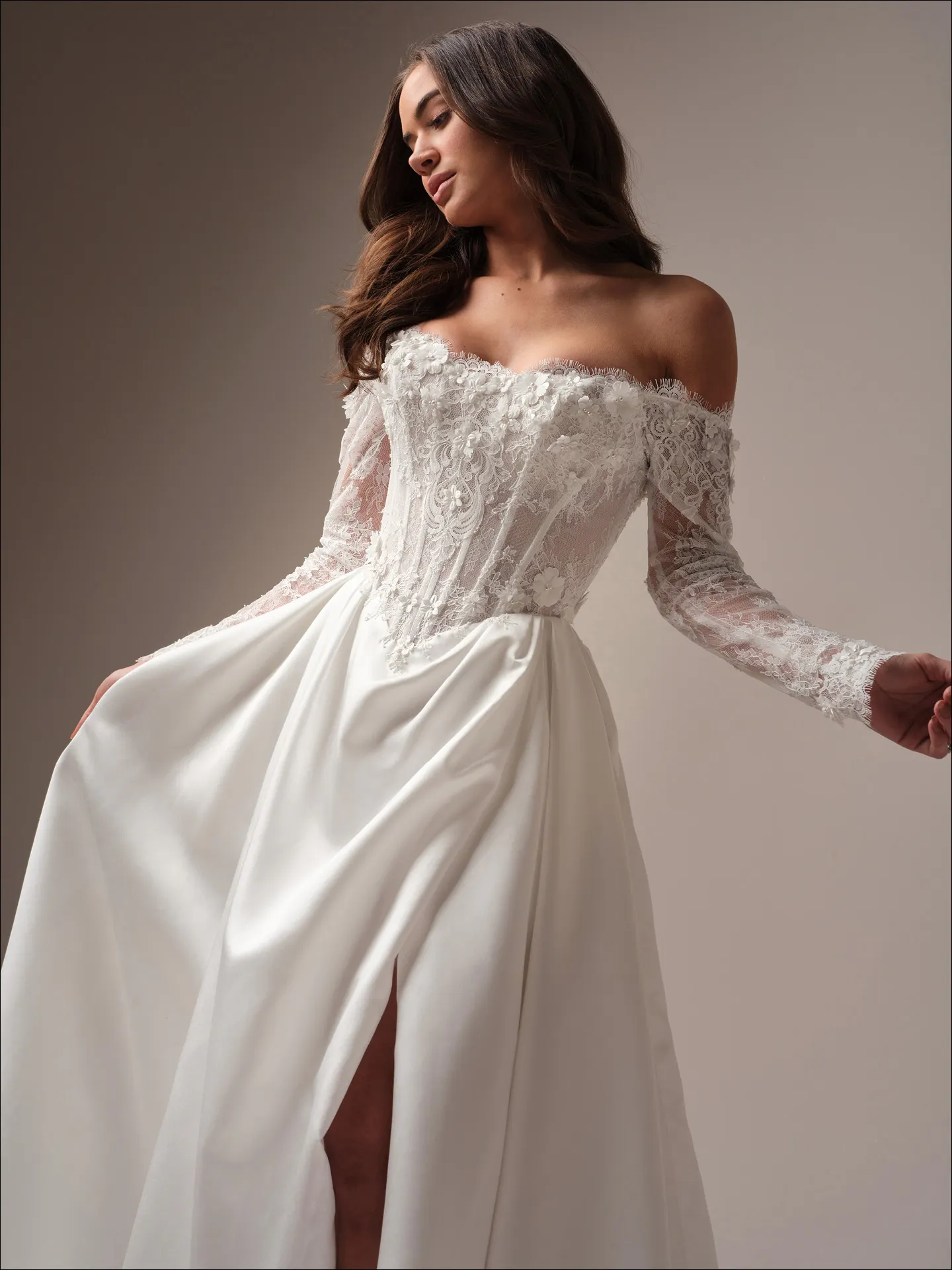 Maggie Sottero Takera Lane A line wedding dress front view with lace bodice