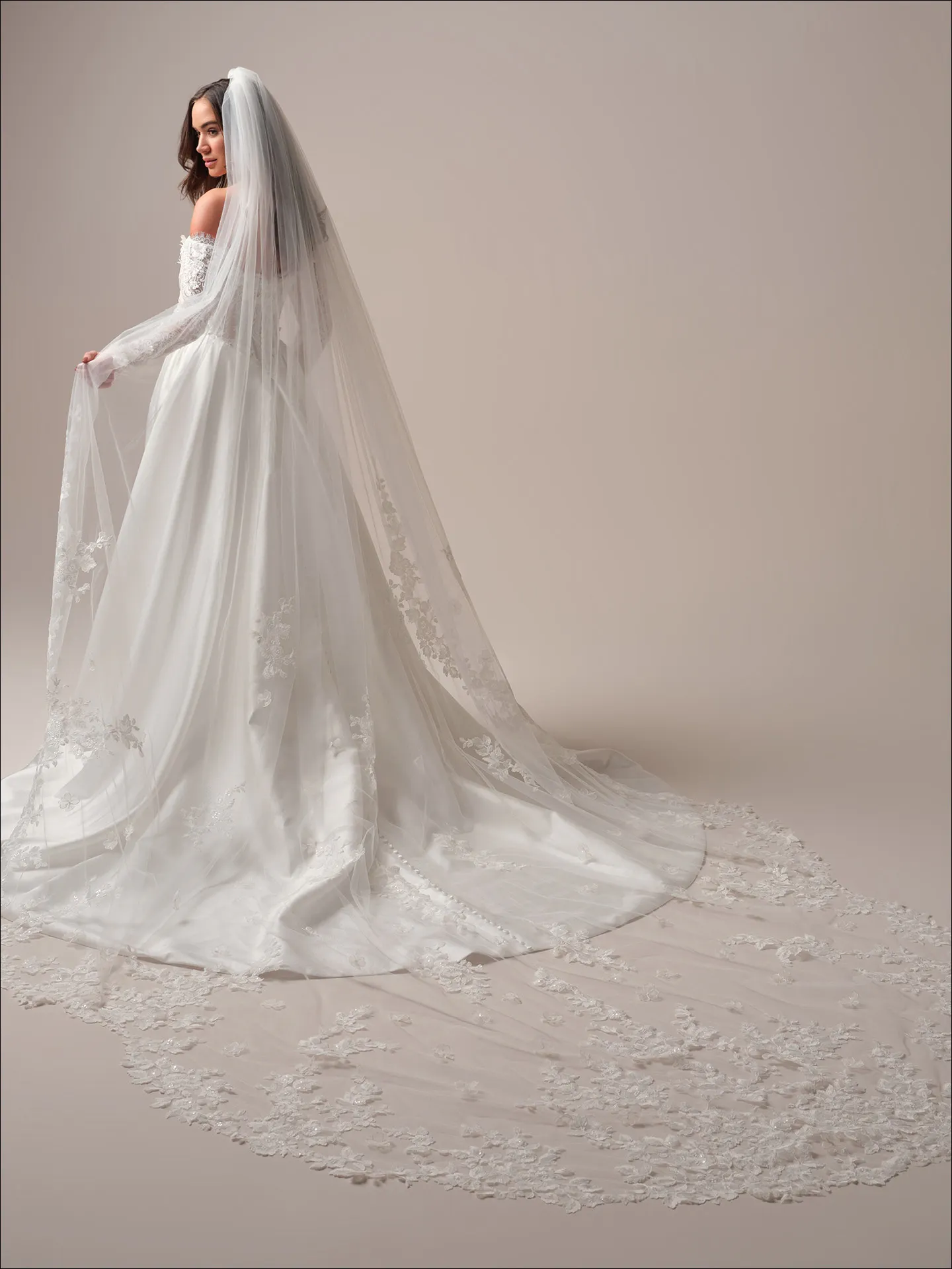 Maggie Sottero Takera Lane A line wedding dress side profile with soft skirt