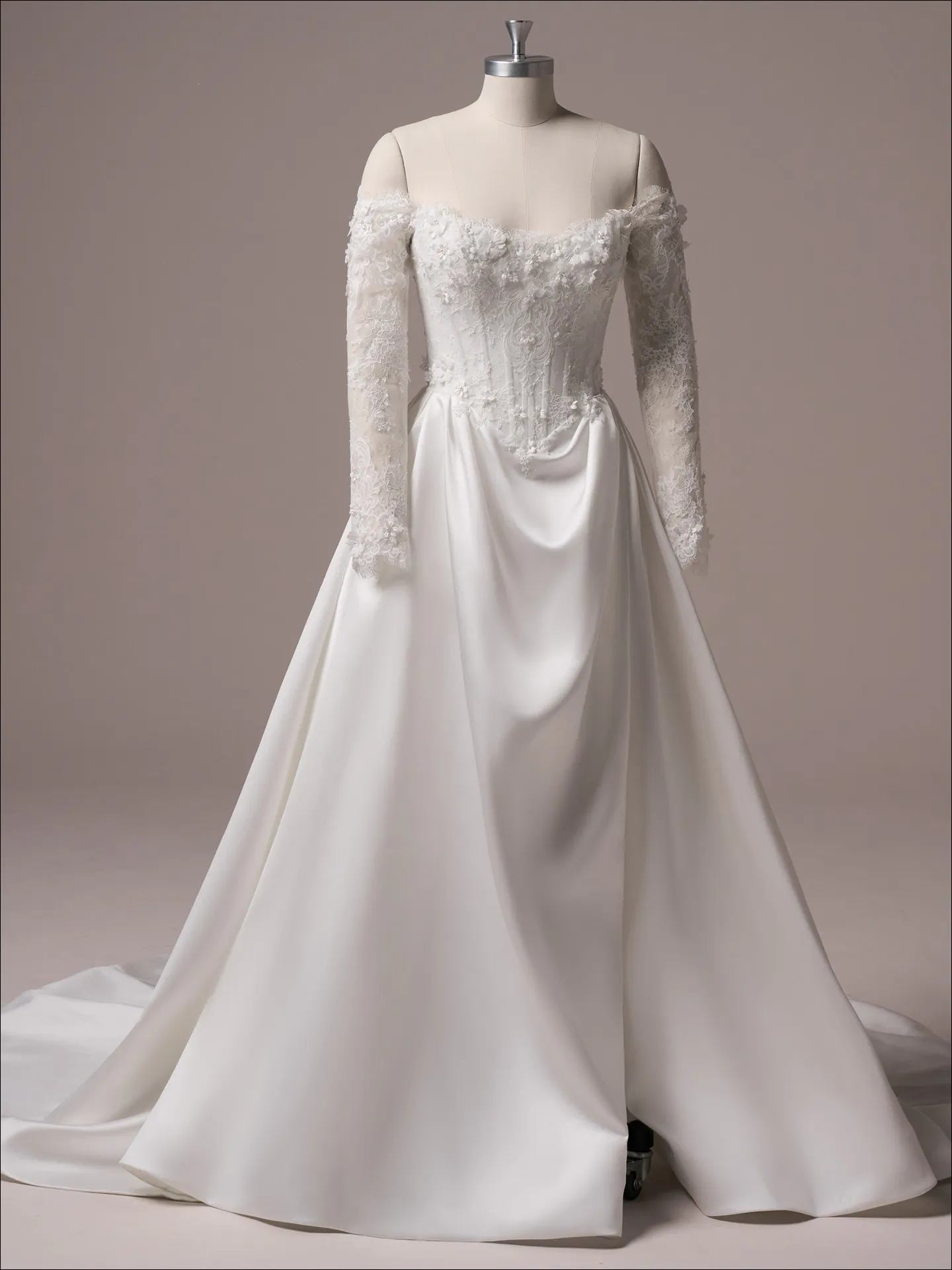 Maggie Sottero Takera Lane fit and flare wedding dress front view with lace bodice