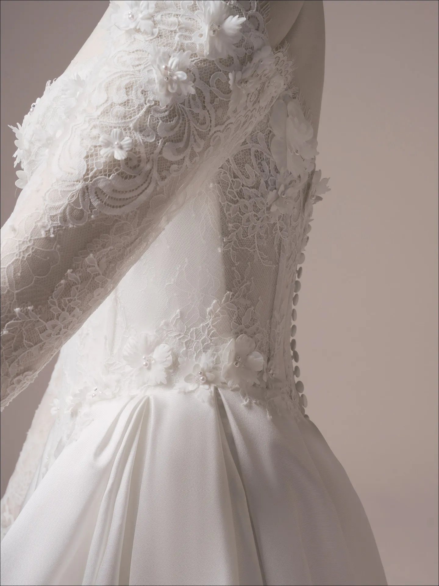 Maggie Sottero Takera Lane fit and flare wedding dress back view with lace train