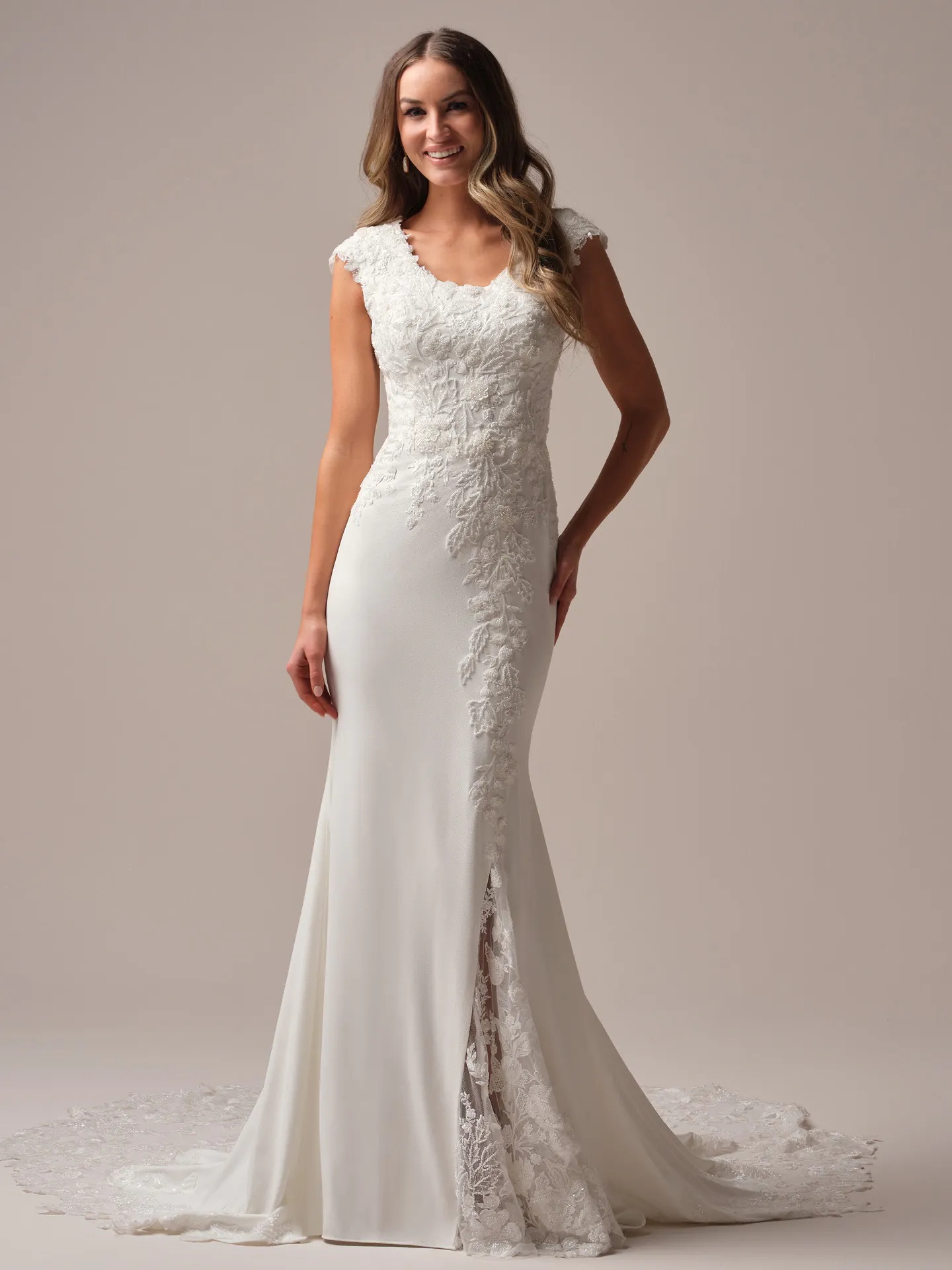 Rebecca Ingram Adeline Leigh front view, floral crepe modest sheath wedding dress