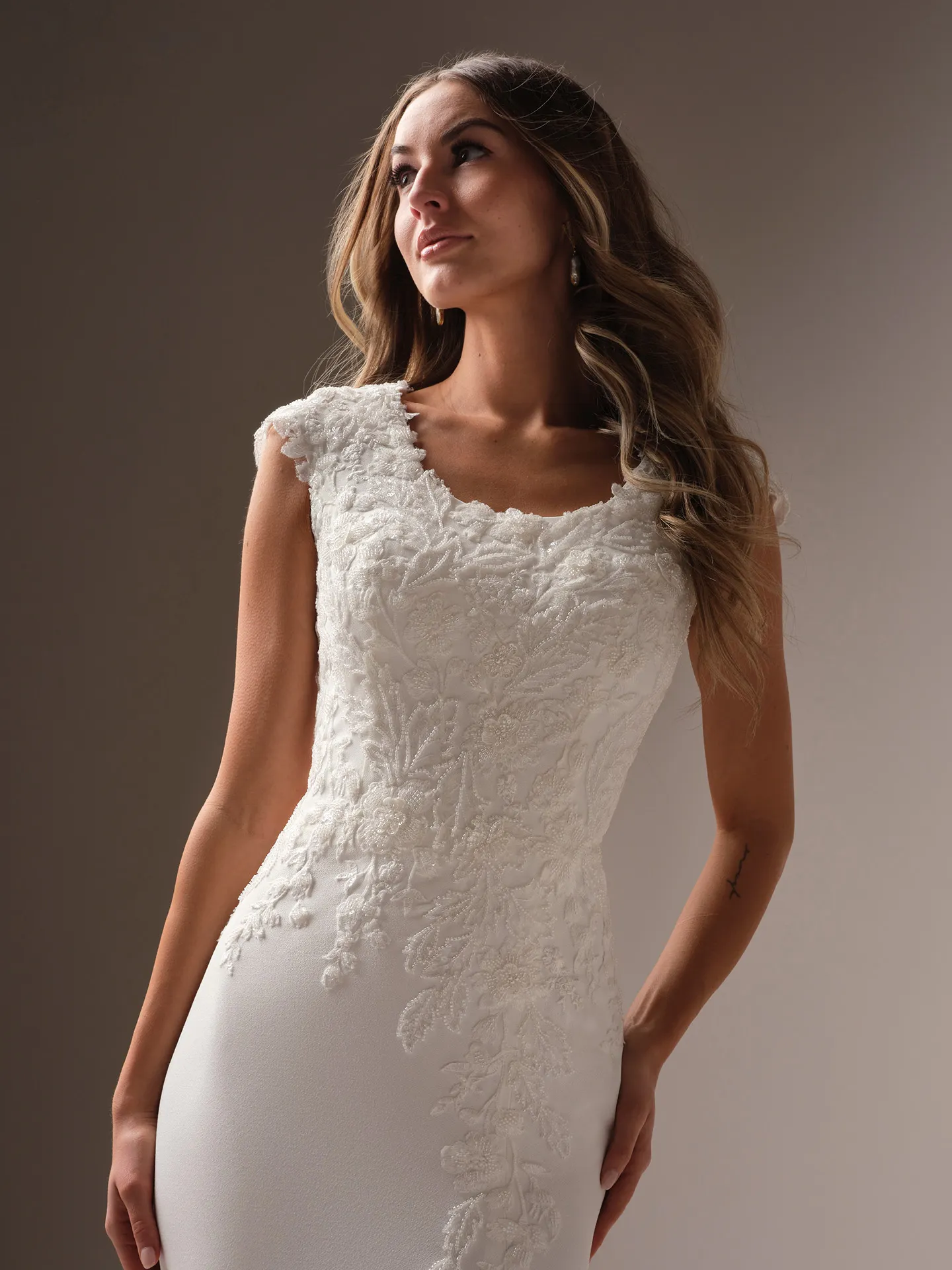Rebecca Ingram Adeline Leigh front view, floral crepe modest sheath wedding dress.