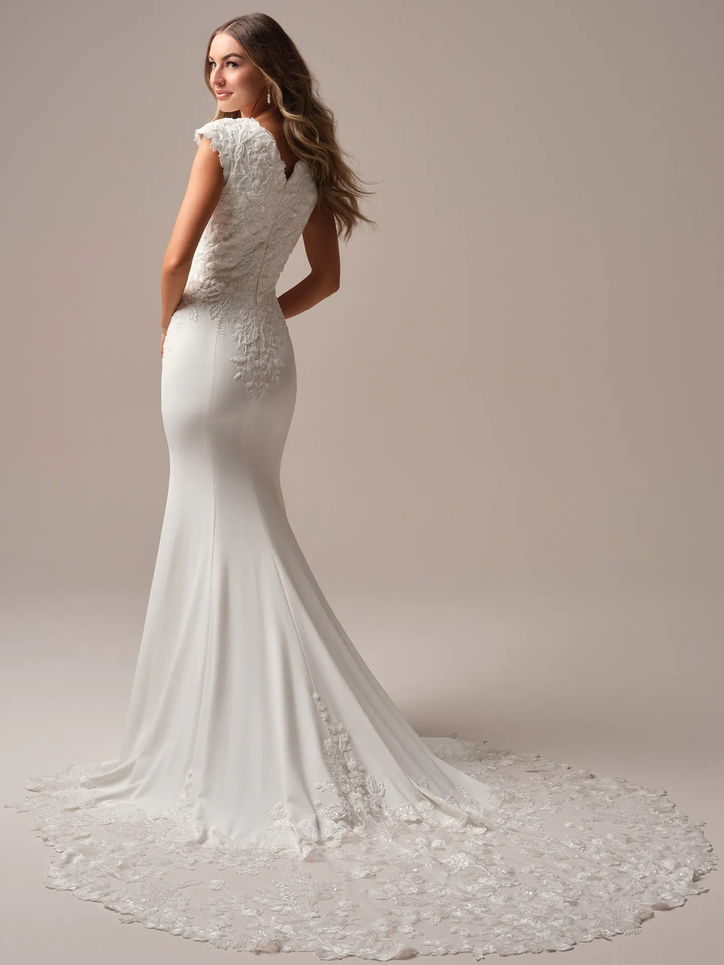Rebecca Ingram Adeline Leigh back view floral crepe modest sheath wedding dress