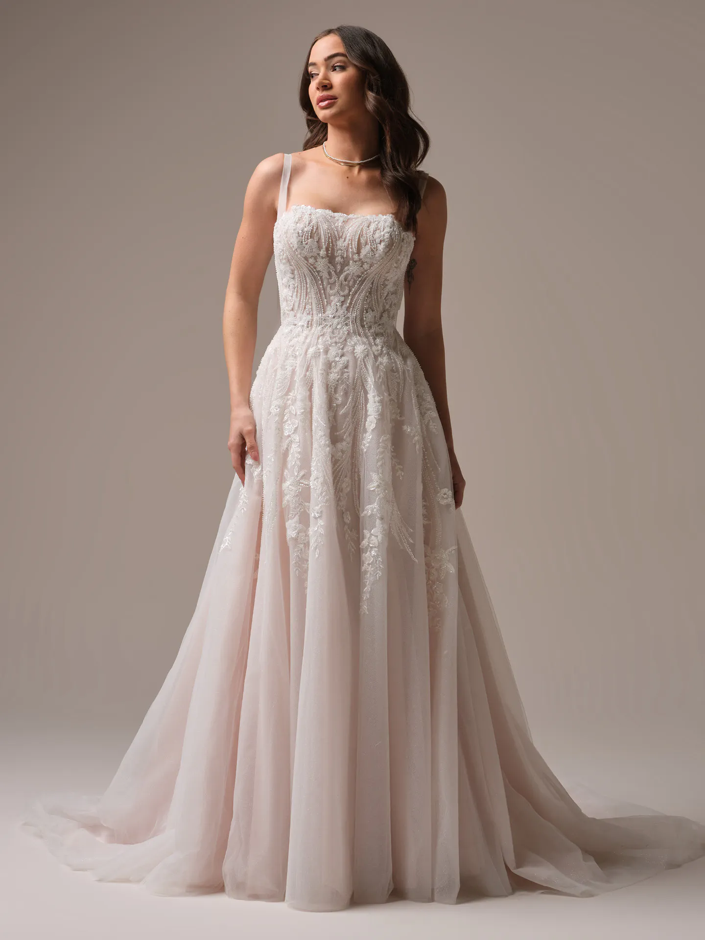 Rebecca Ingram Angie front view A-line wedding dress with beaded bodice