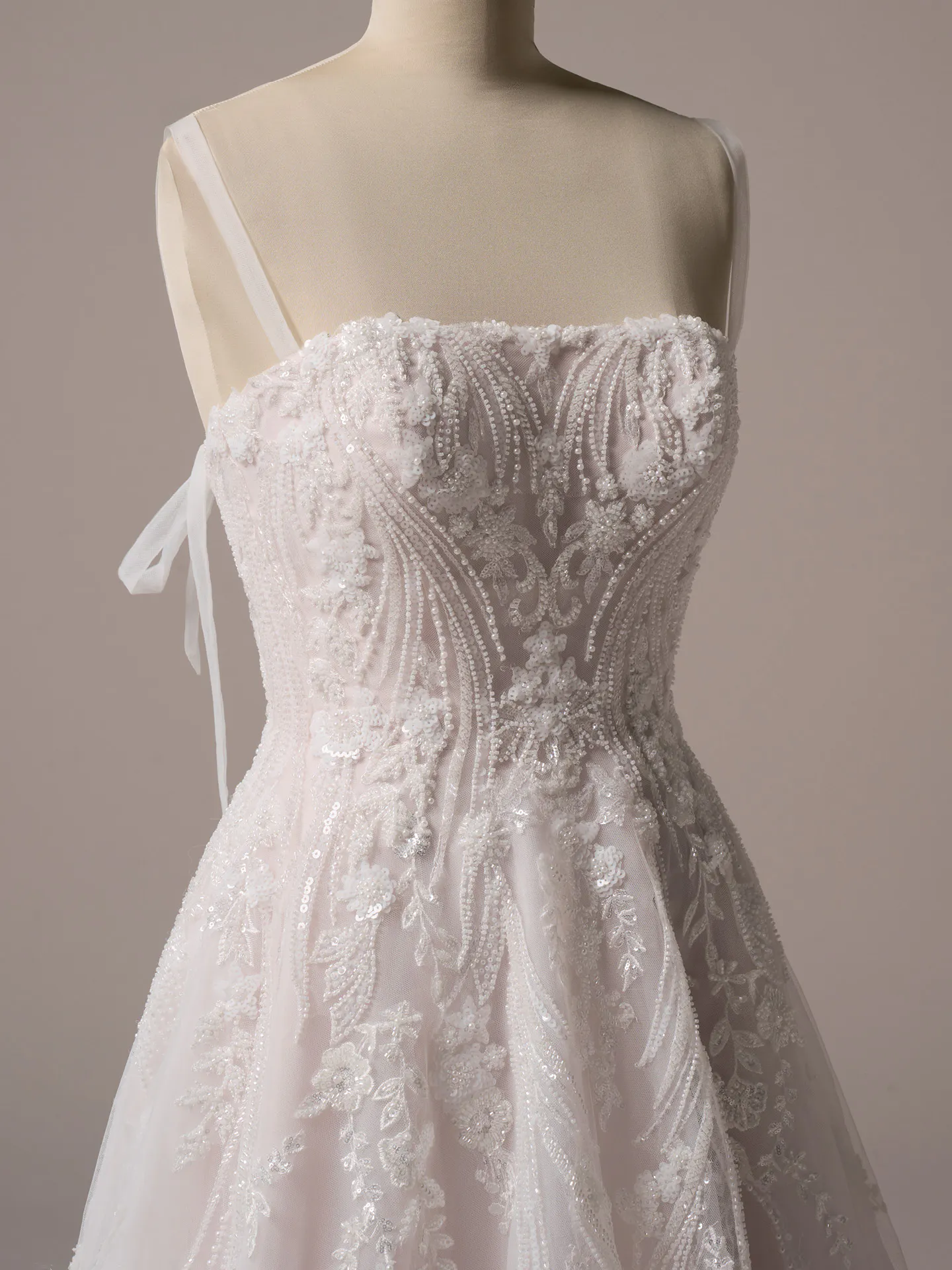 Rebecca Ingram Angie beaded A-line gown with square neck front view.