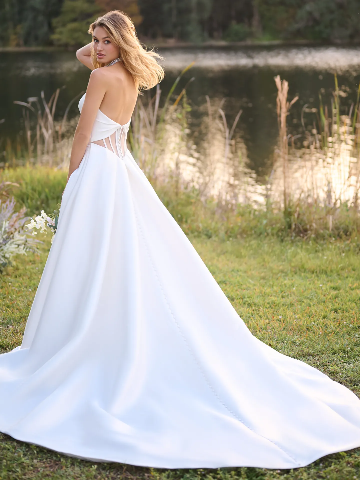 Rebecca Ingram Brooke back view Mikado A-line gown by lake