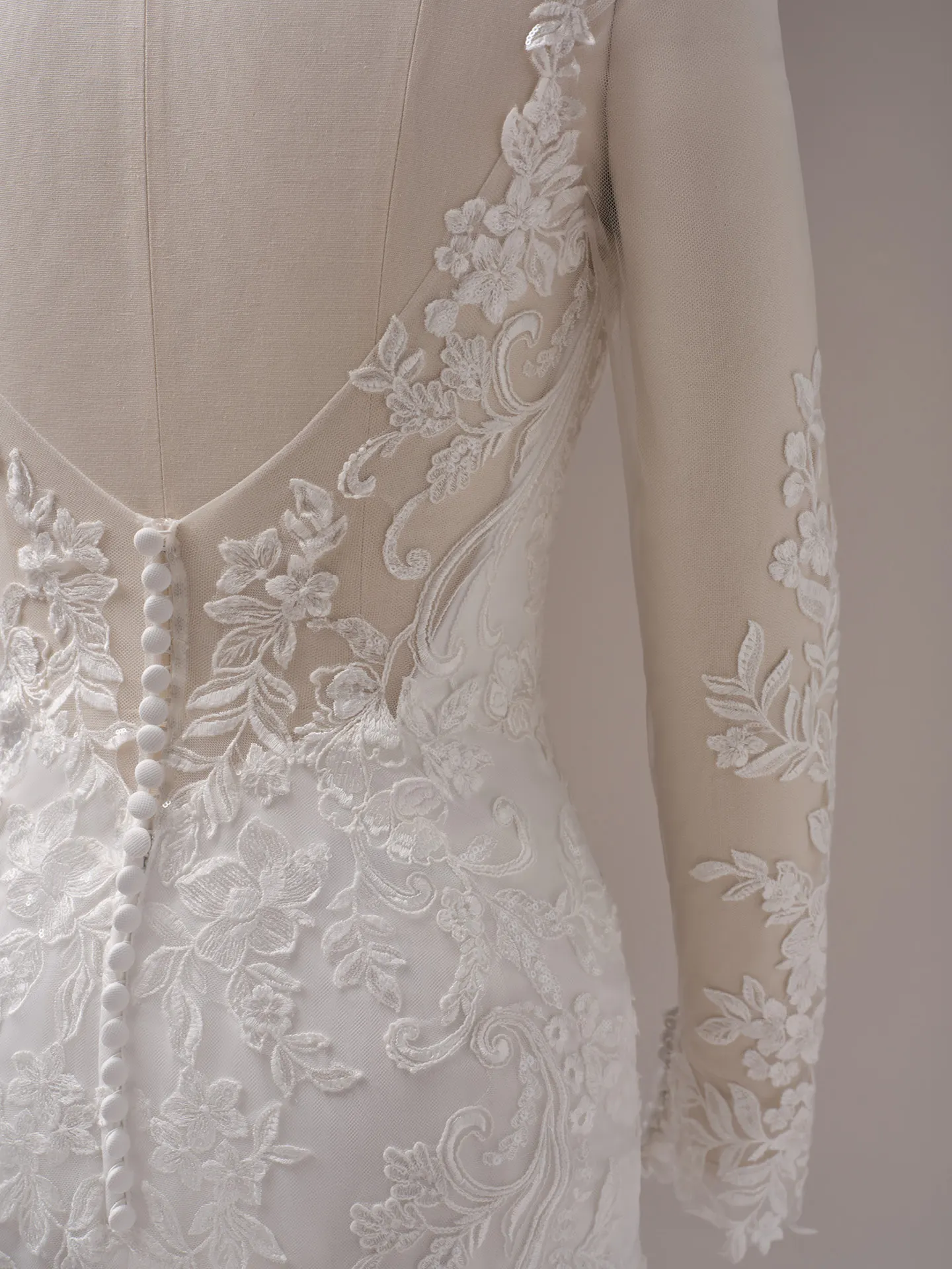 Rebecca Ingram Candice back view lace mermaid dress detailed floral embroidery buttons