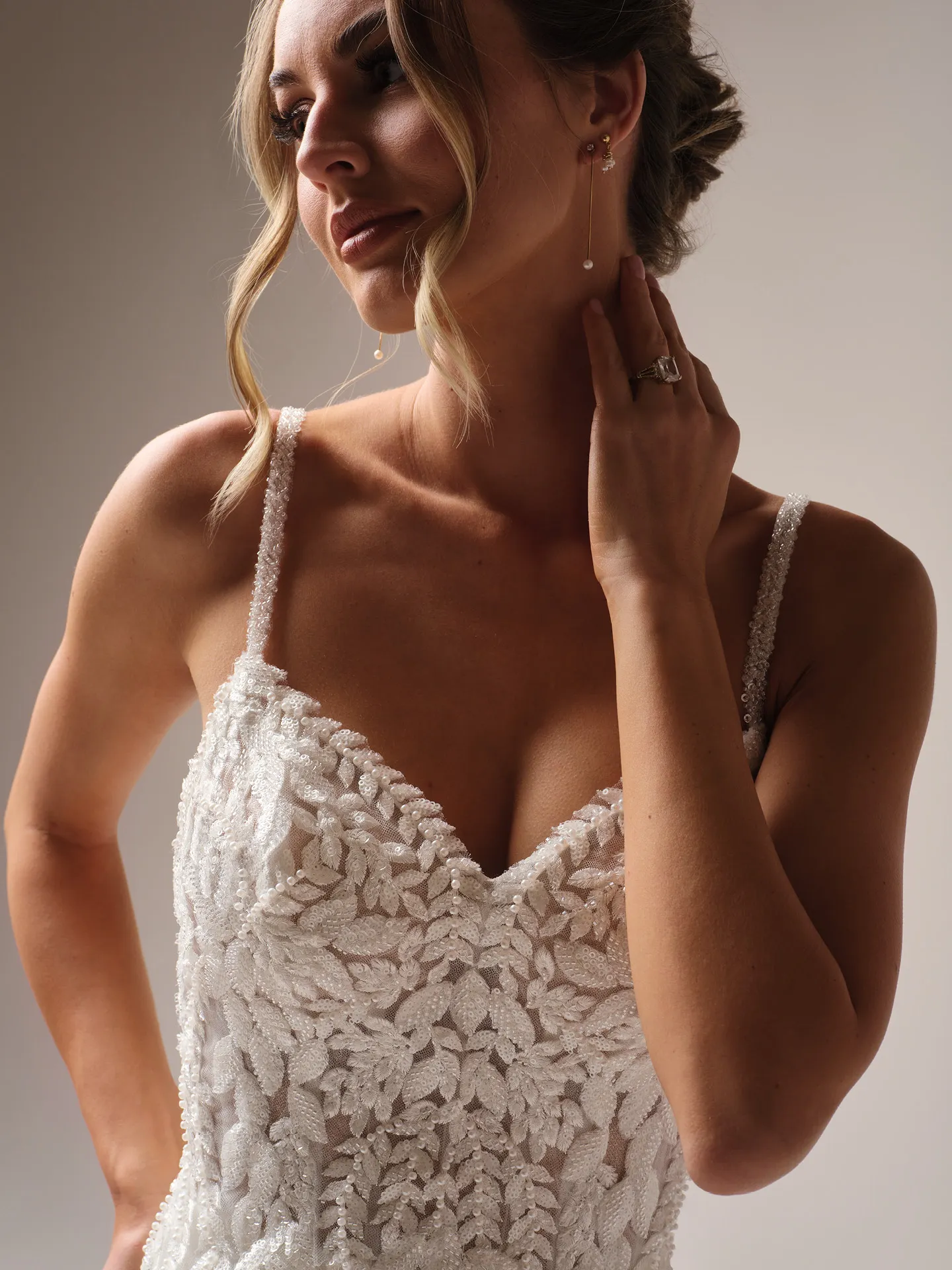 Rebecca Ingram Carmen front view, spaghetti strap, V-neck, A-line with lace detailing.