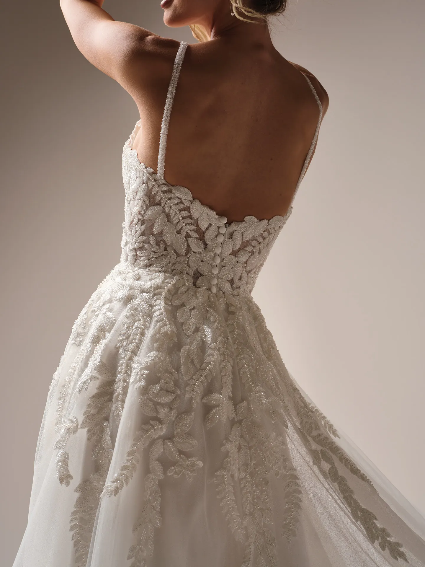 Rebecca Ingram Carmen back view, floral lace detail, spaghetti straps, A-line gown