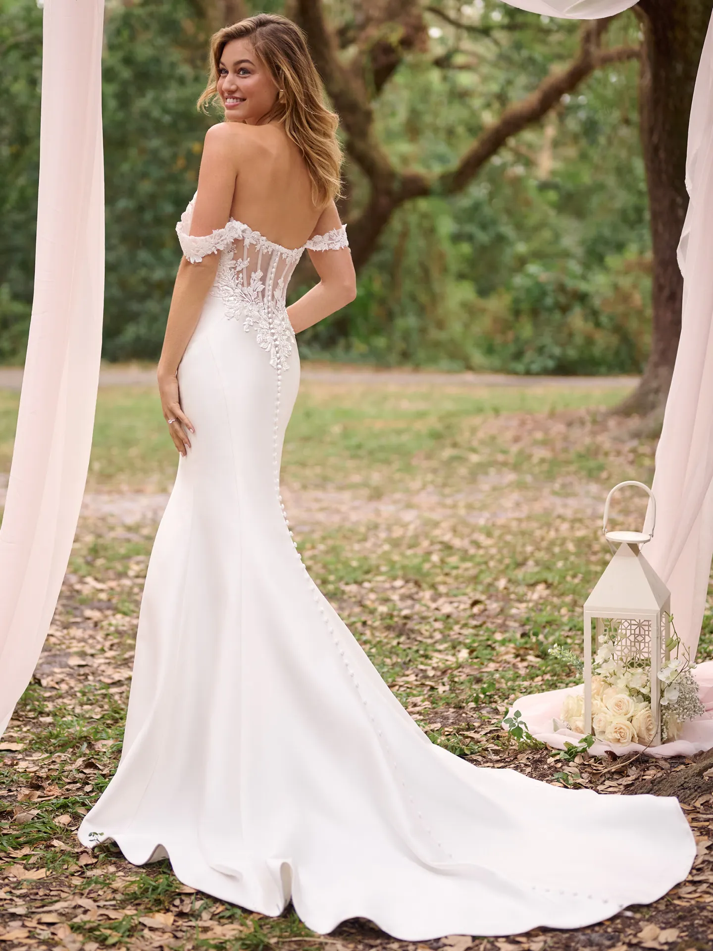 Rebecca Ingram Cindy back view fit-and-flare dress with illusion back and floral detail