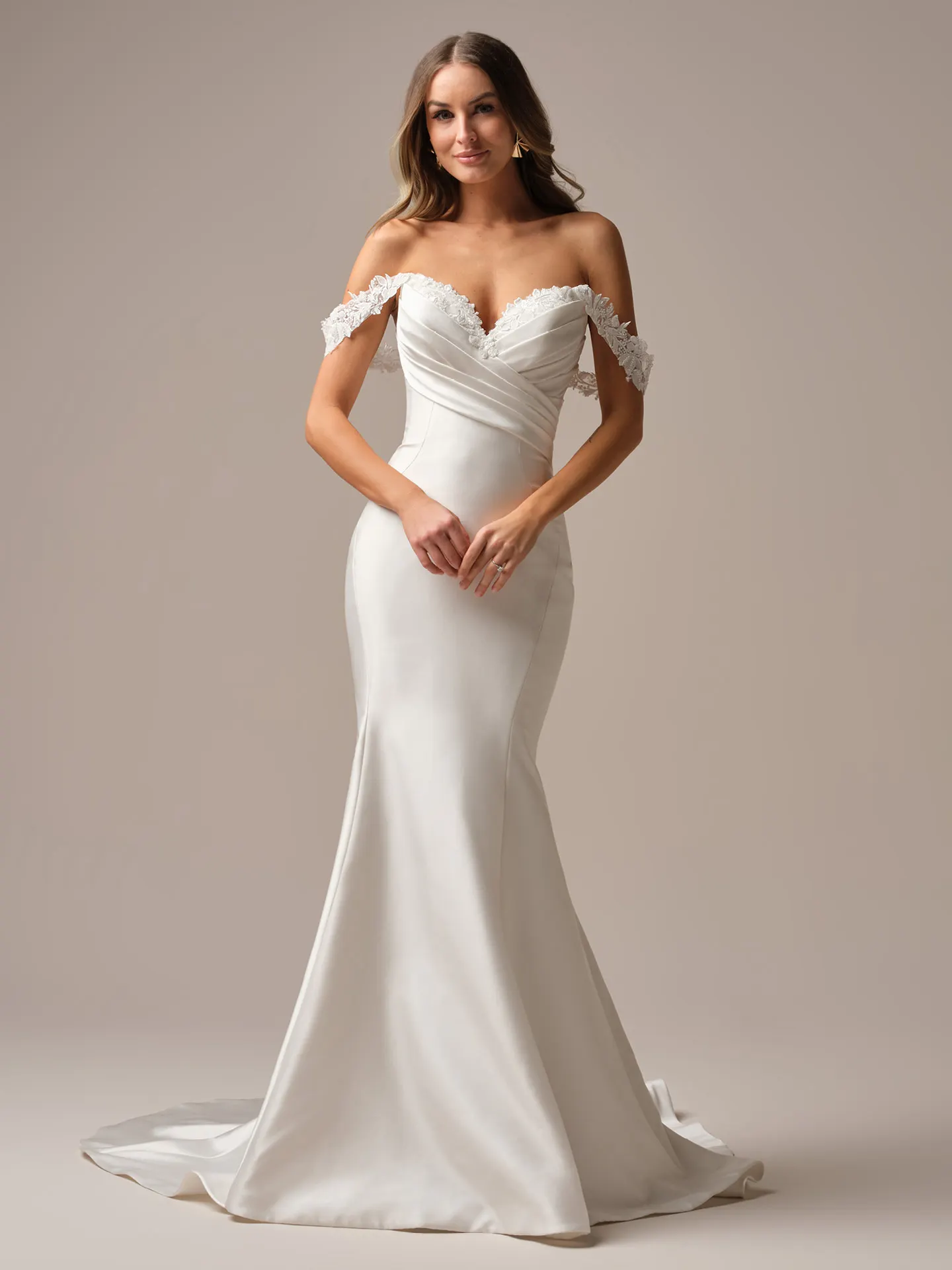 Rebecca Ingram Cindy front view fit-and-flare bridal dress with off-shoulder lace sleeves