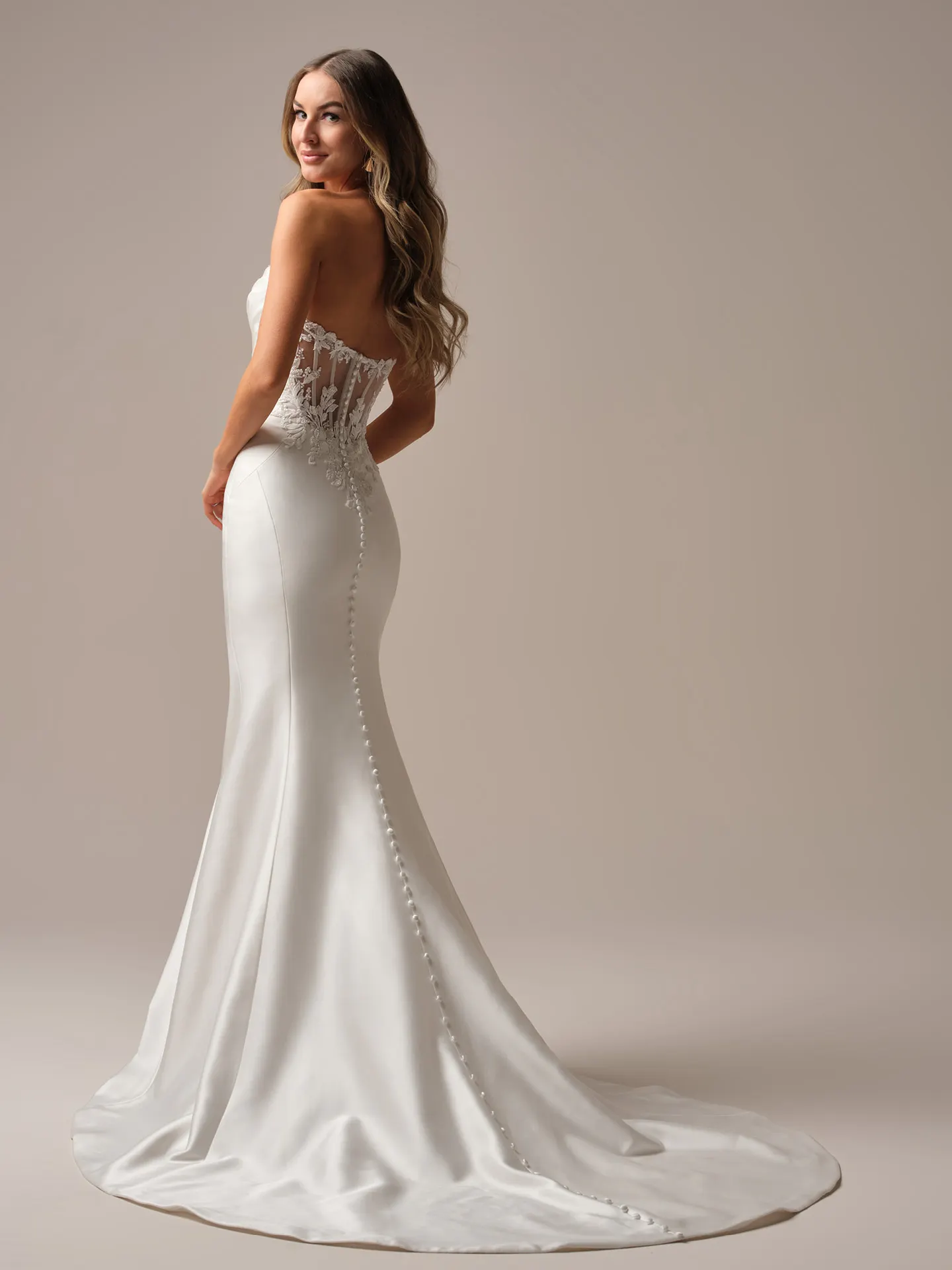 Rebecca Ingram Cindy back view fit-and-flare, illusion back, floral design.