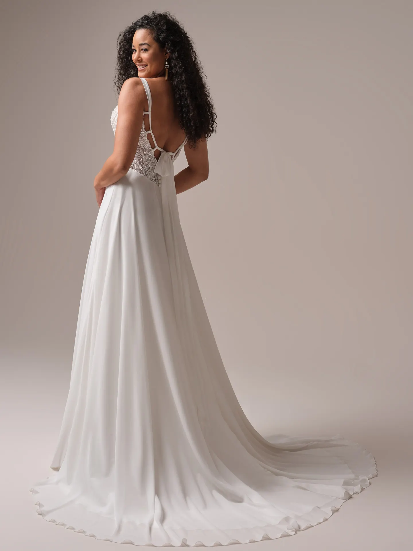 Rebecca Ingram Clara back view A-line gown with beaded straps