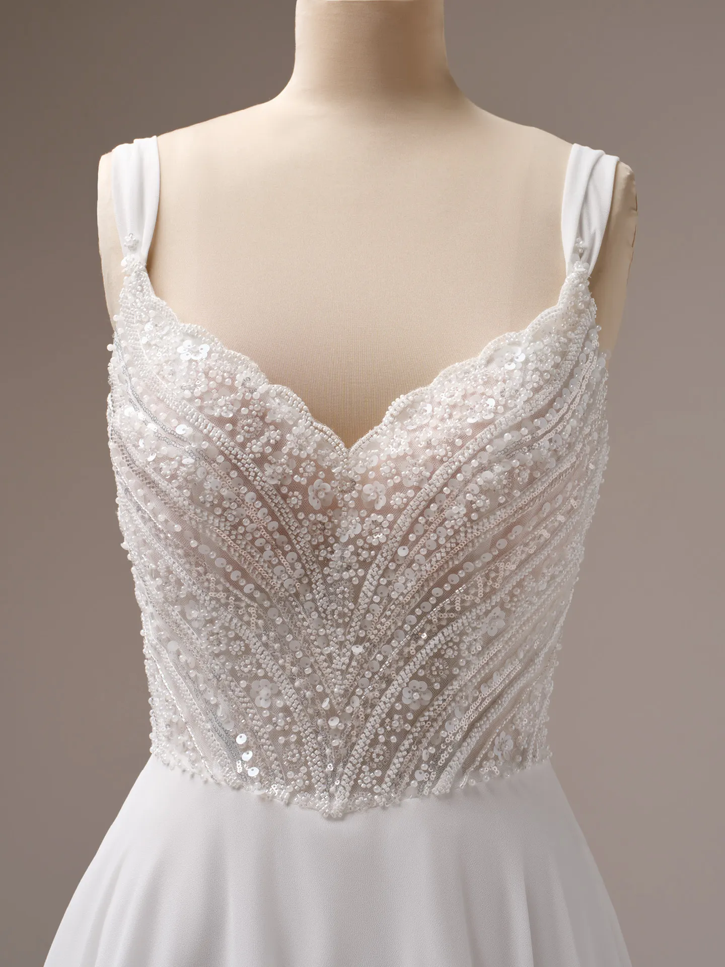 Rebecca Ingram Clara beaded A-line gown front view.