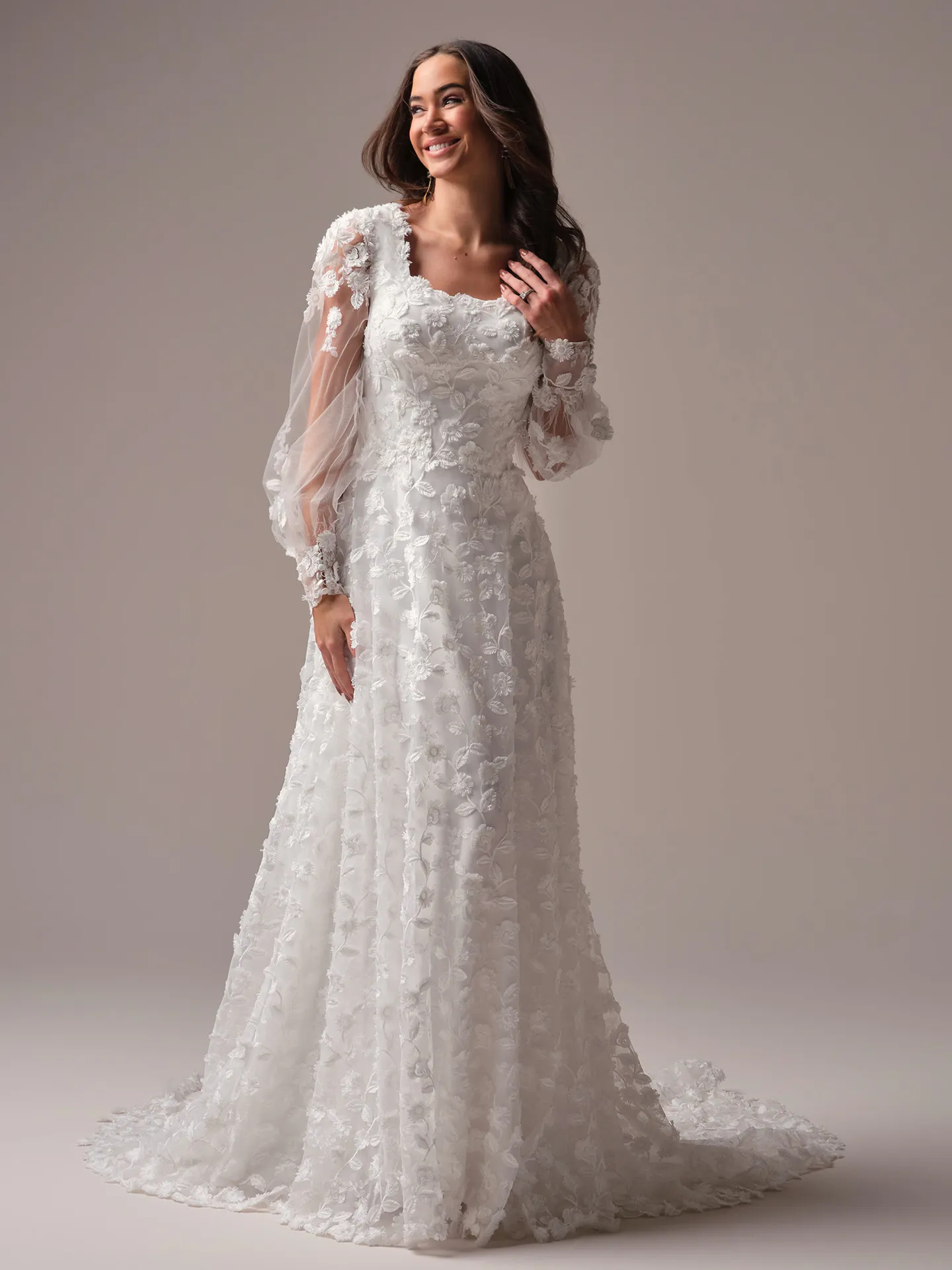Rebecca Ingram Ellamay A-line dress front view with floral lace and square neck