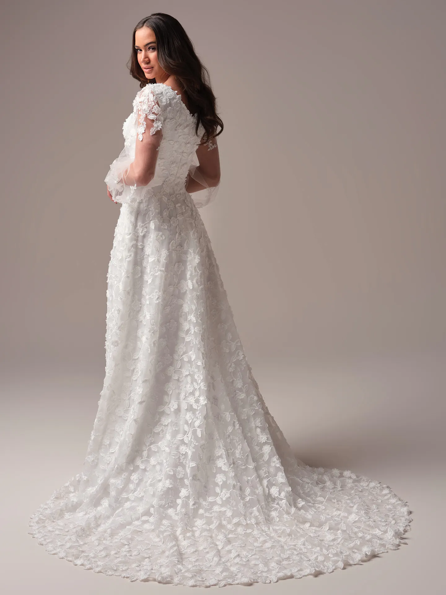 Rebecca Ingram Ellamay back view floral A-Line wedding gown