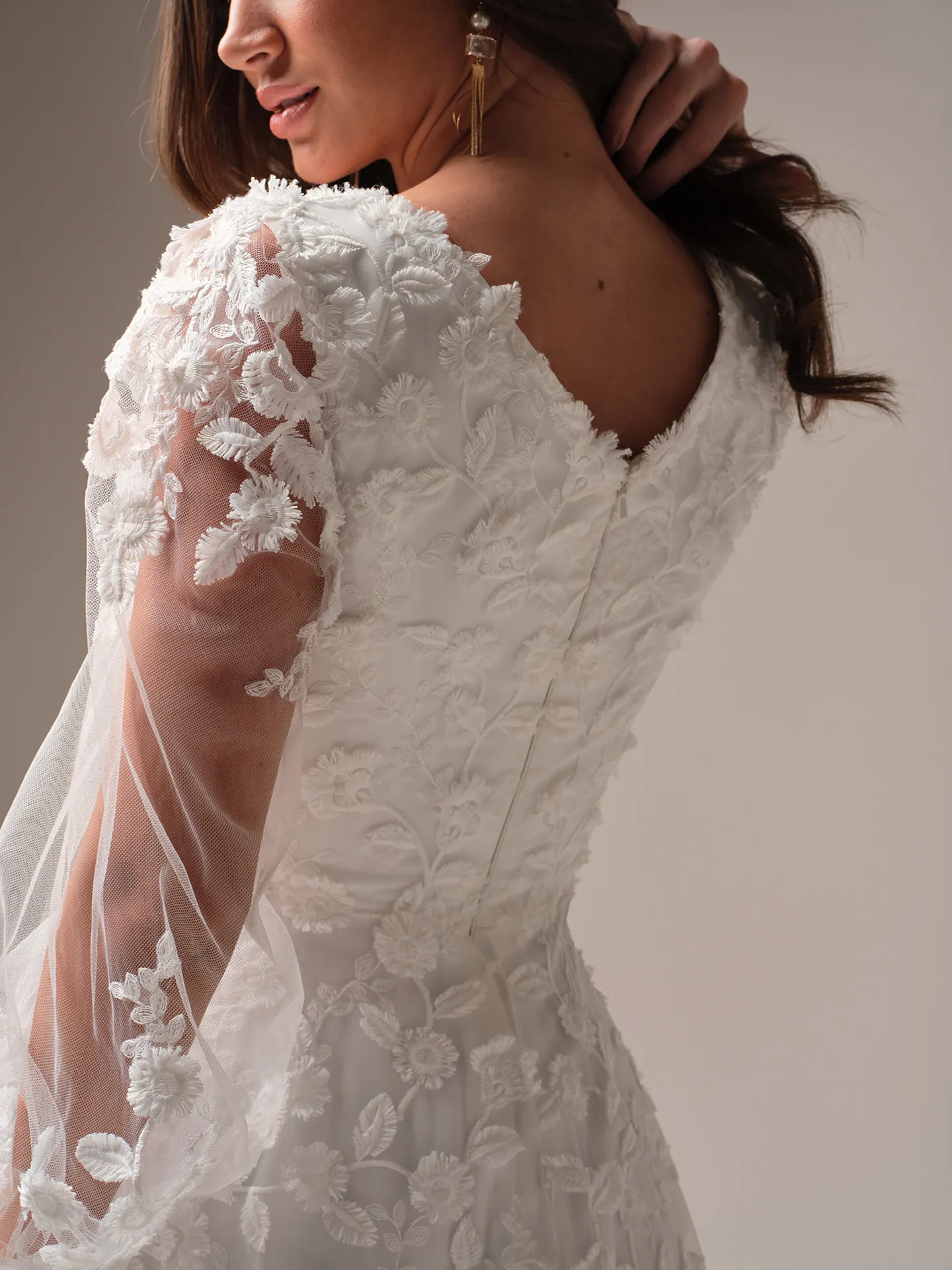 Rebecca Ingram Ellamay side view floral lace A-line gown