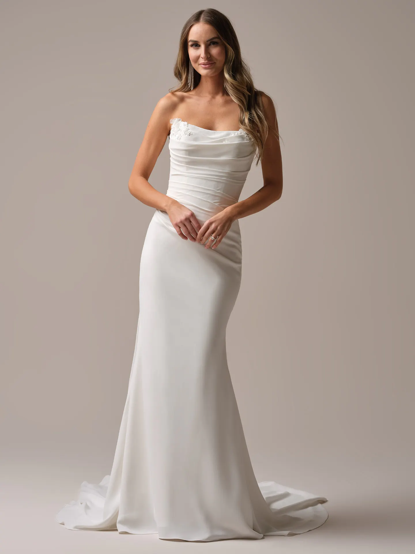 Rebecca Ingram Fantasia front view mermaid dress with asymmetrical bodice.