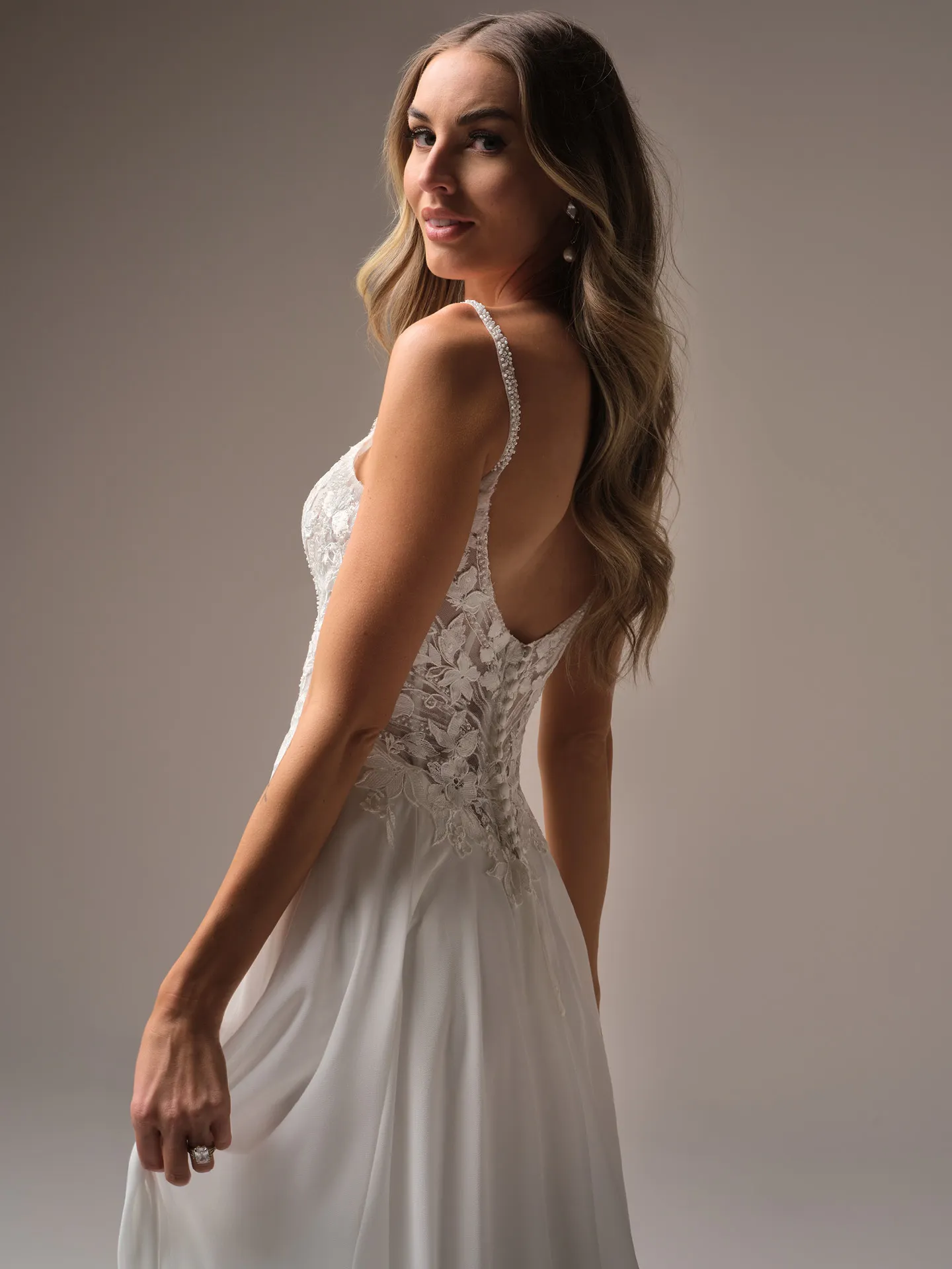 Rebecca Ingram Finley side view lace bodice A-line wedding dress
