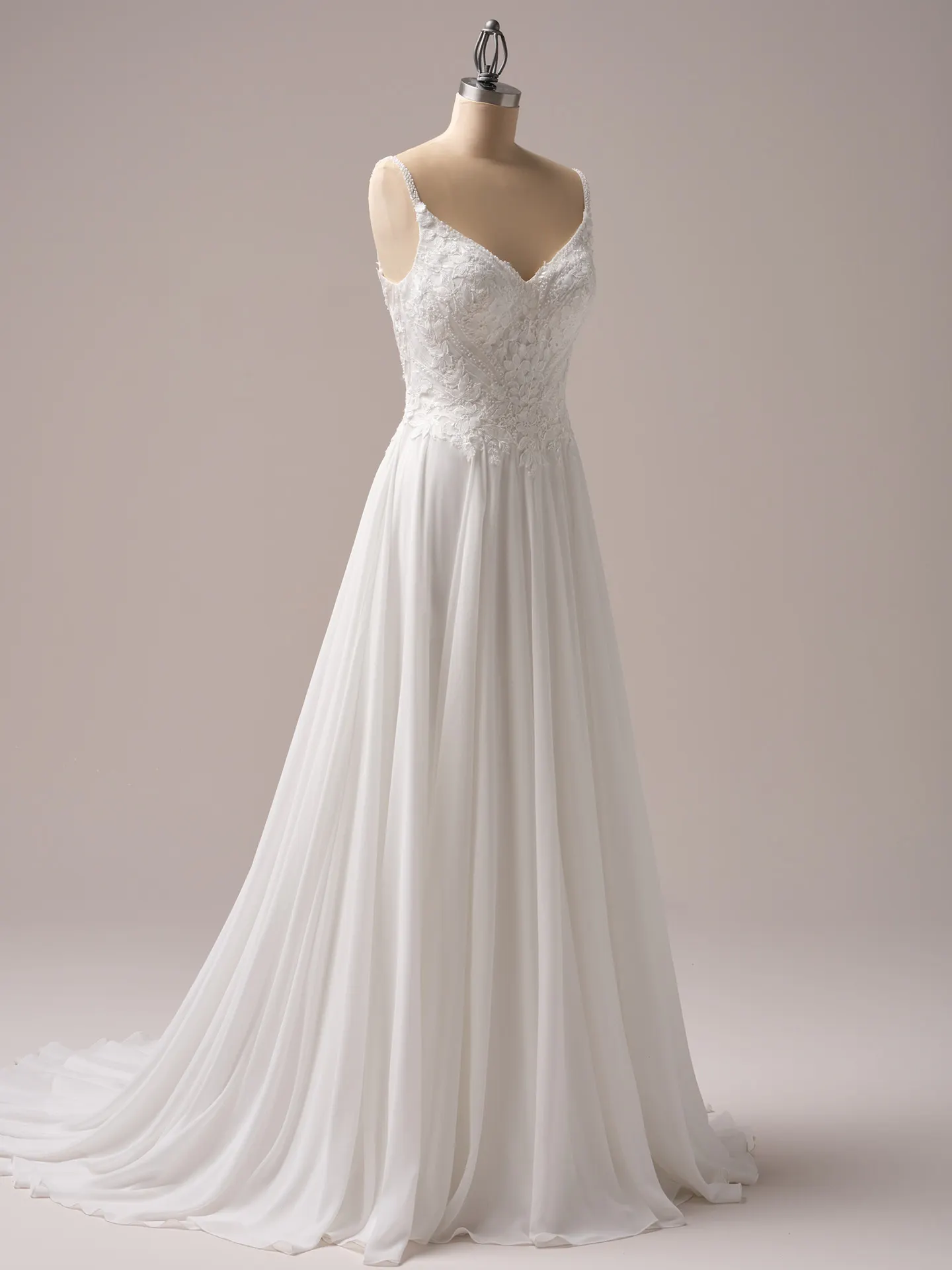 Rebecca Ingram Finley front view flowing A-line gown on mannequin