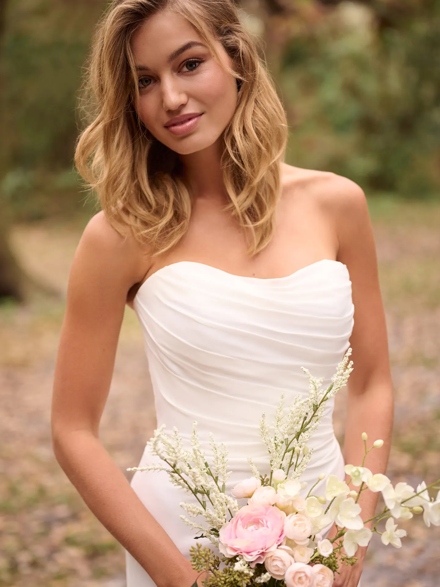 Rebecca Ingram Francesca front view, soft scoop neckline, chiffon sheath wedding dress