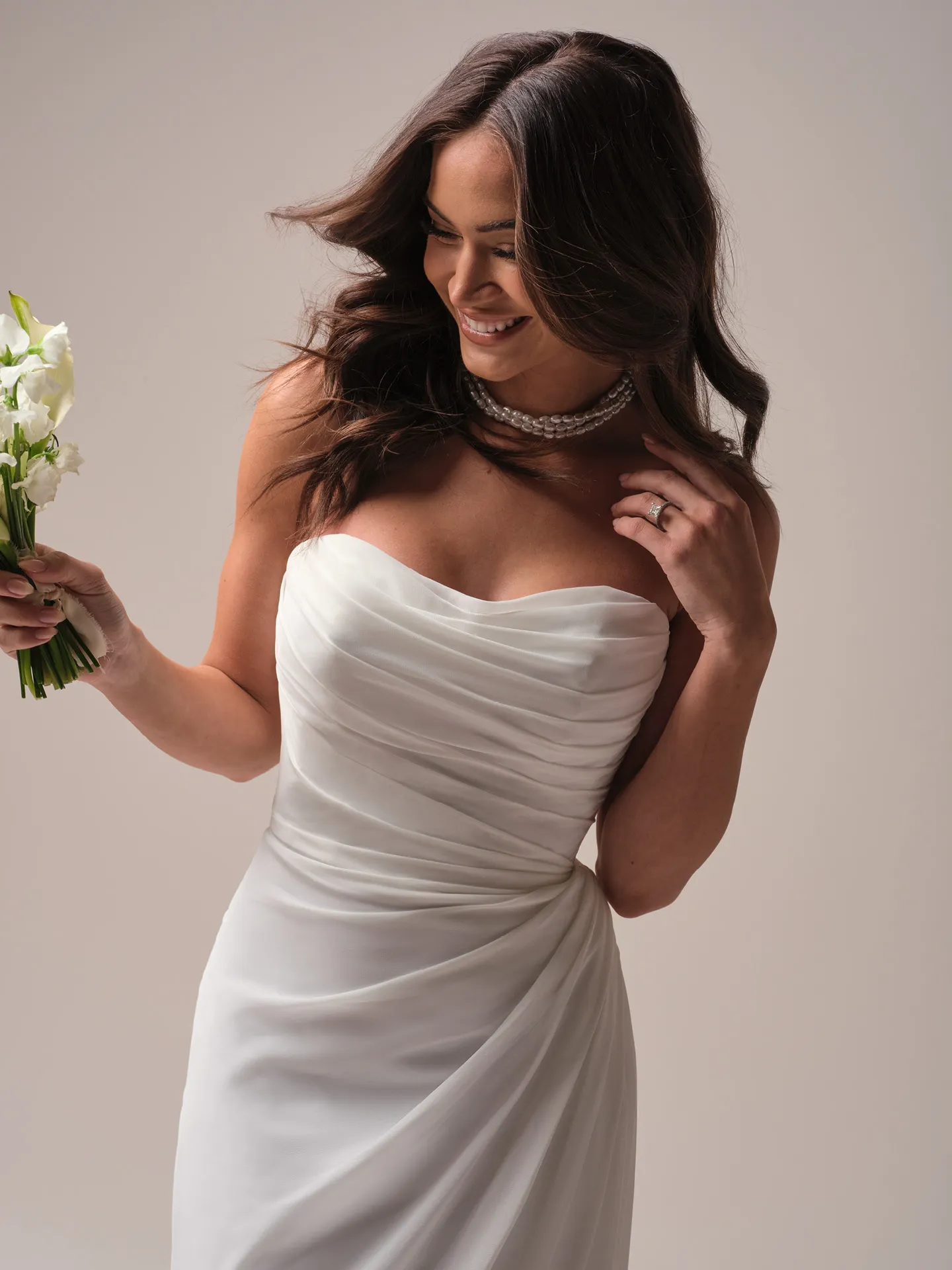 Rebecca Ingram Francesca front view chiffon sheath wedding dress.
