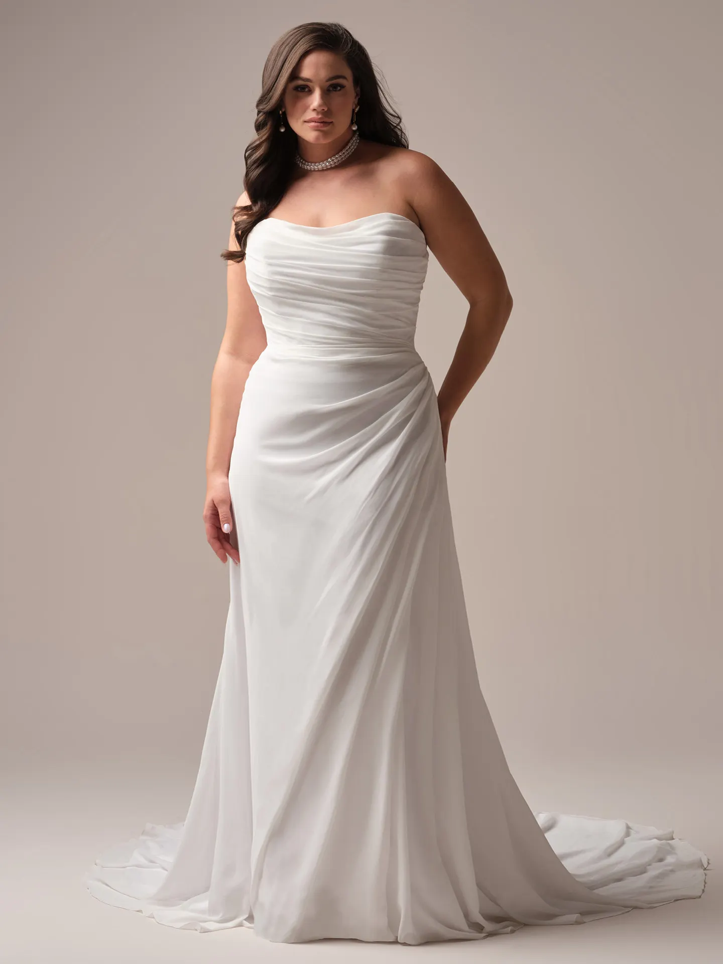 Rebecca Ingram Francesca front view chiffon sheath wedding dress.