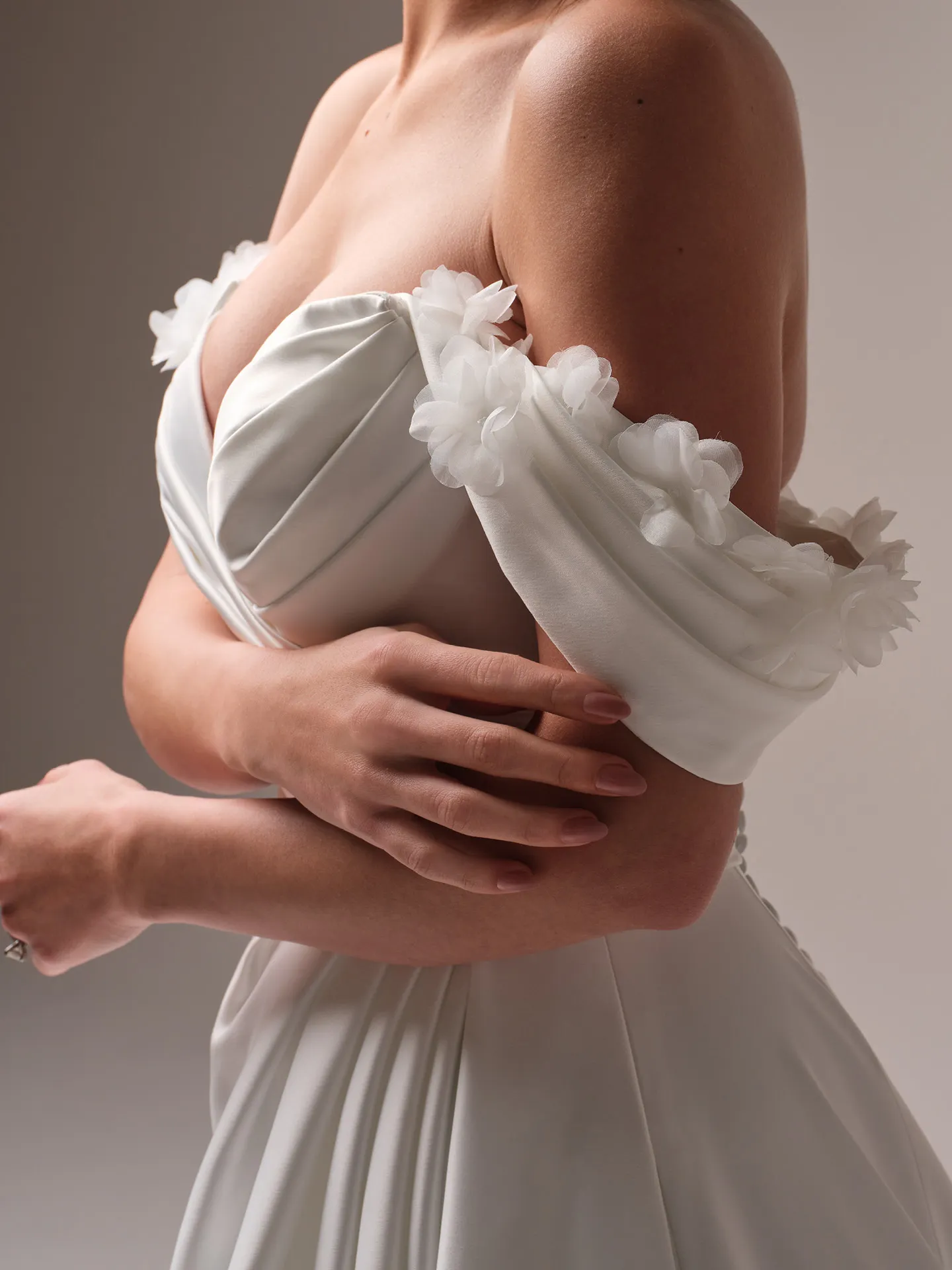 Rebecca Ingram Hannah pleated bust satin ballgown front view.
