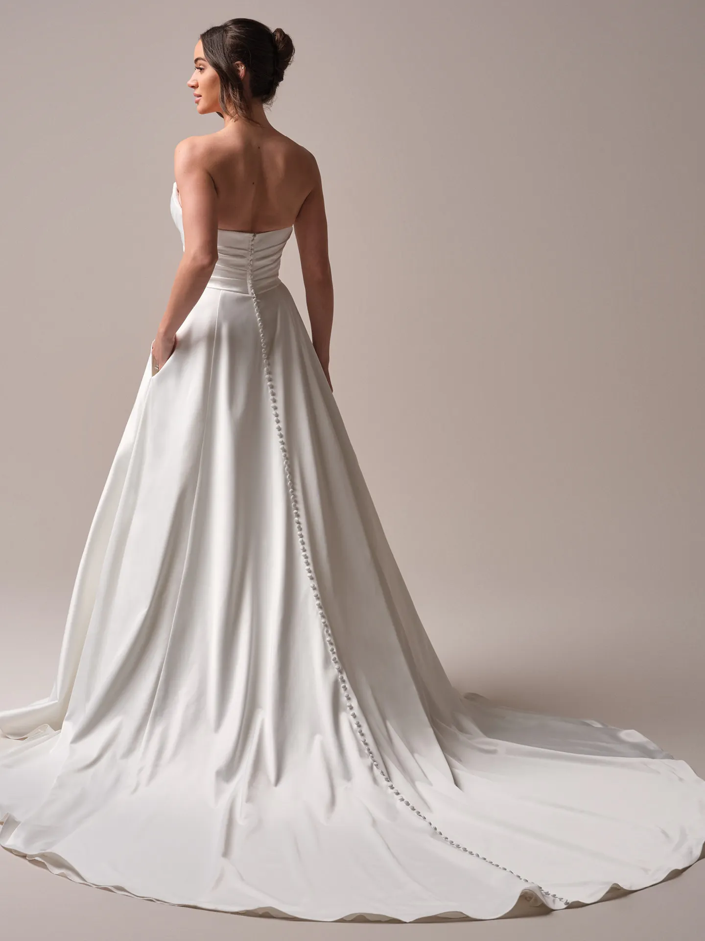 Rebecca Ingram Hannah back view satin ballgown with buttons