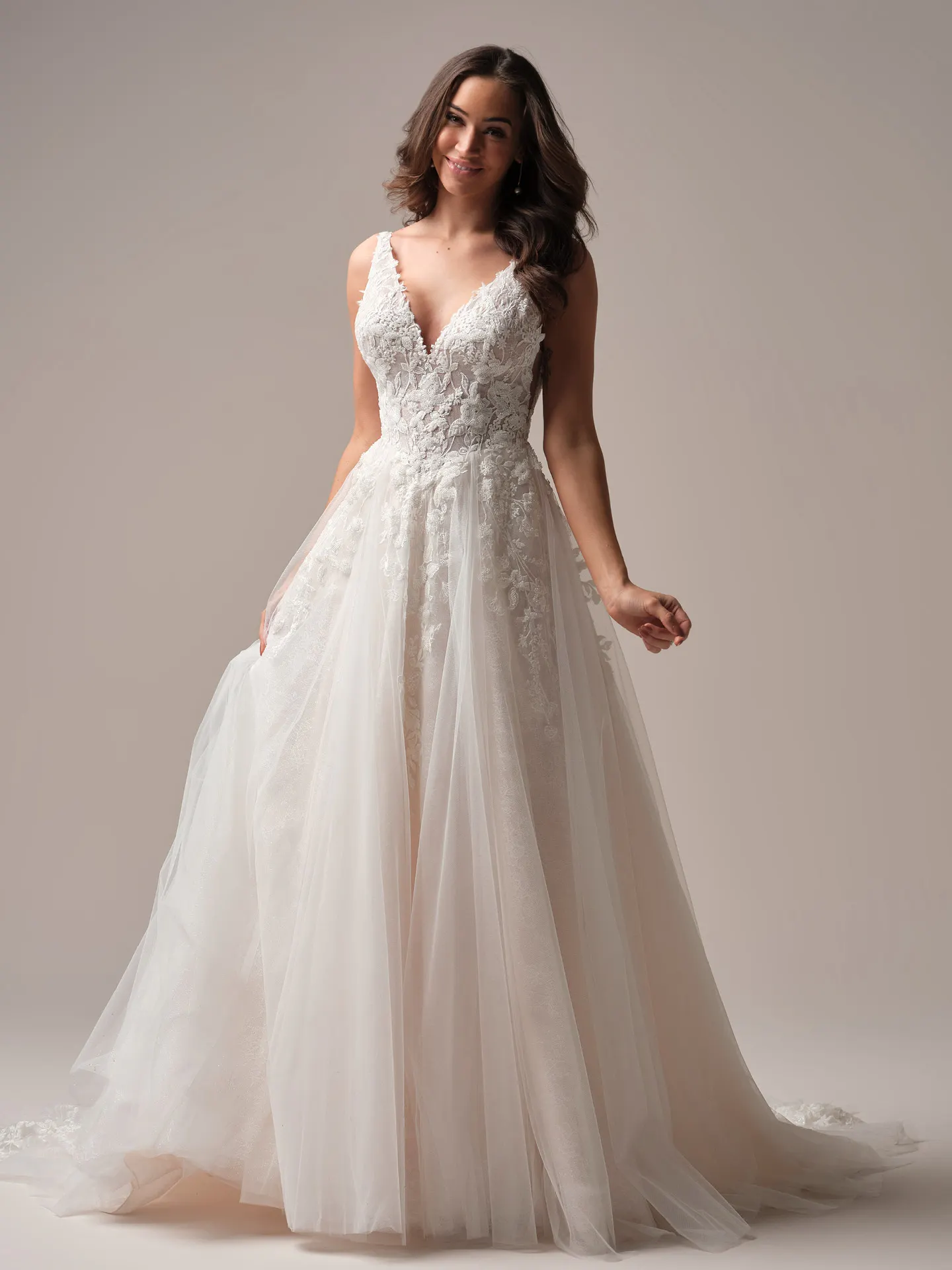 Rebecca Ingram Honor beaded flowy v-neck a-line gown front view