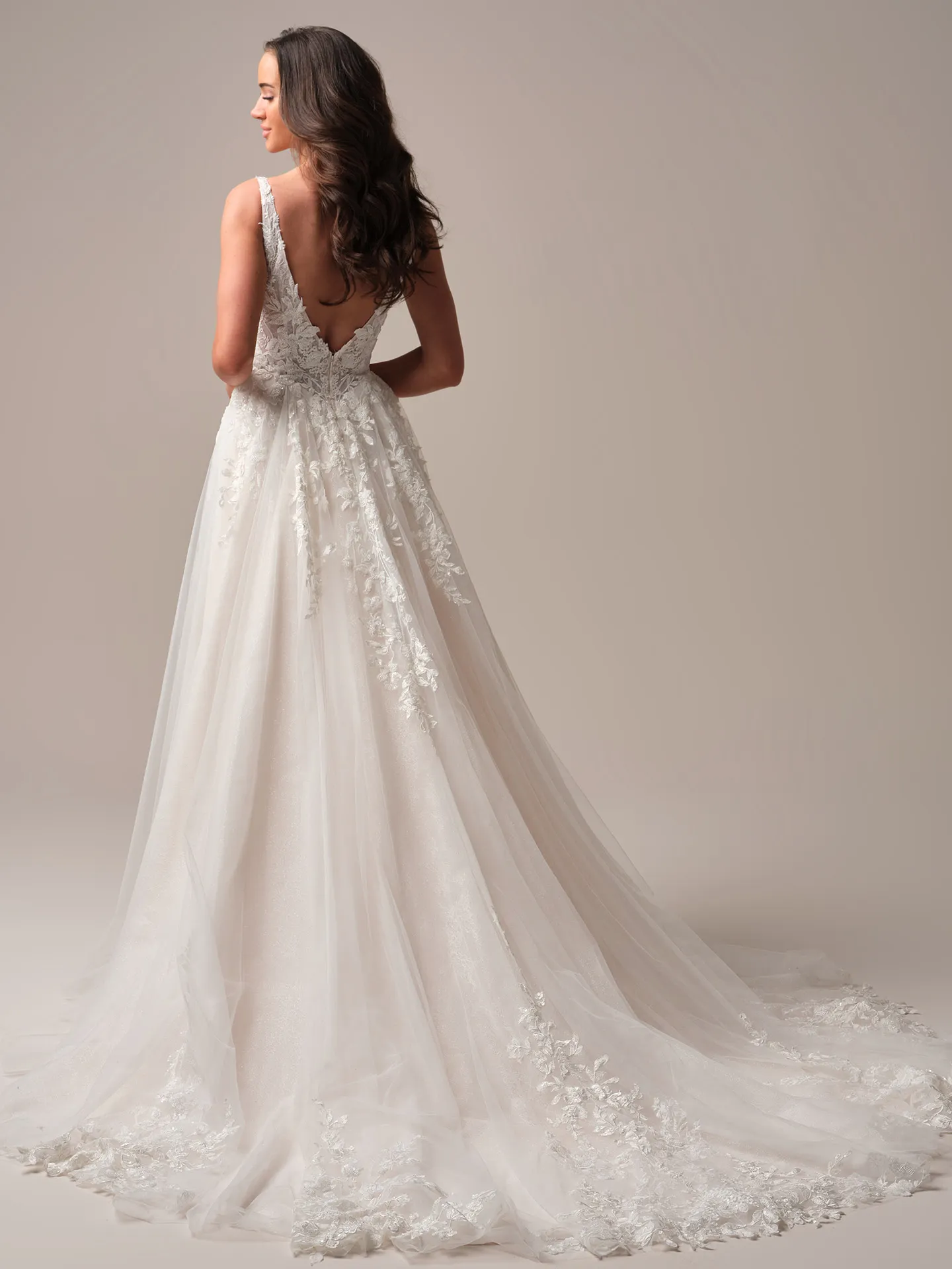 Rebecca Ingram Honor back view bridal gown with beaded V-neck and flowy A-line design