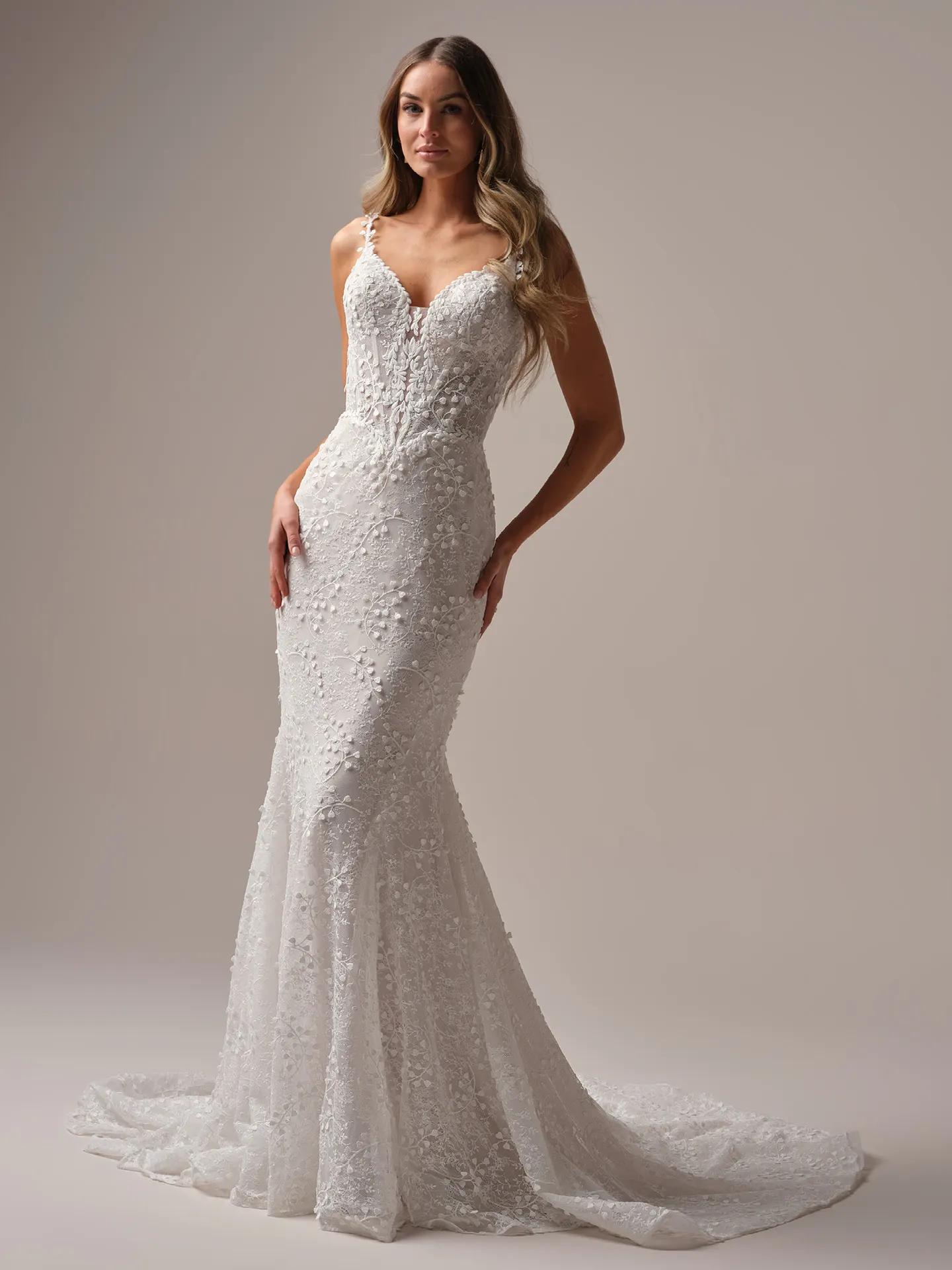 Rebecca Ingram Isabella front view mermaid wedding dress with textured spaghetti straps.