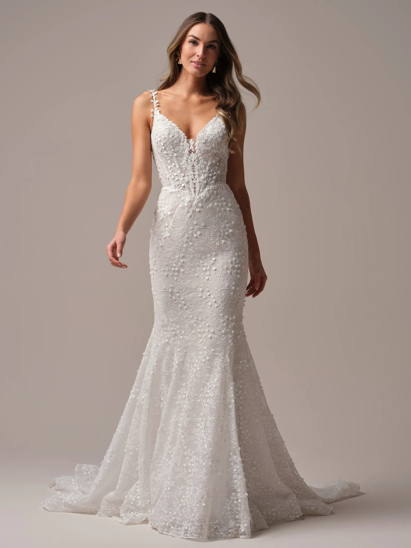 Rebecca Ingram Isabella textured spaghetti strap mermaid wedding dress front view