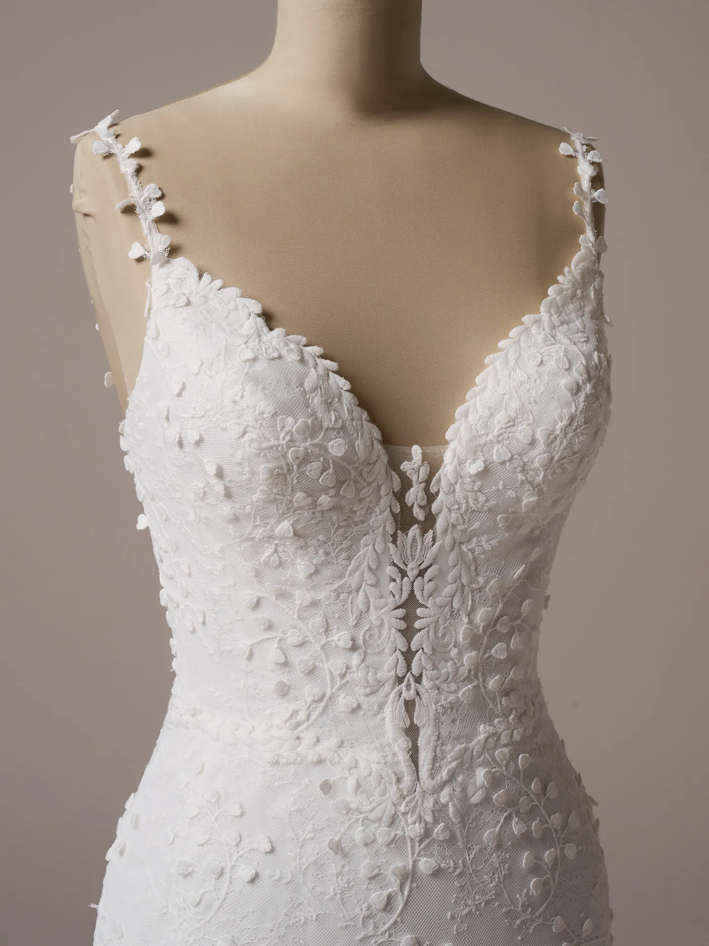 Rebecca Ingram Isabella front closeup of textured mermaid dress with spaghetti straps