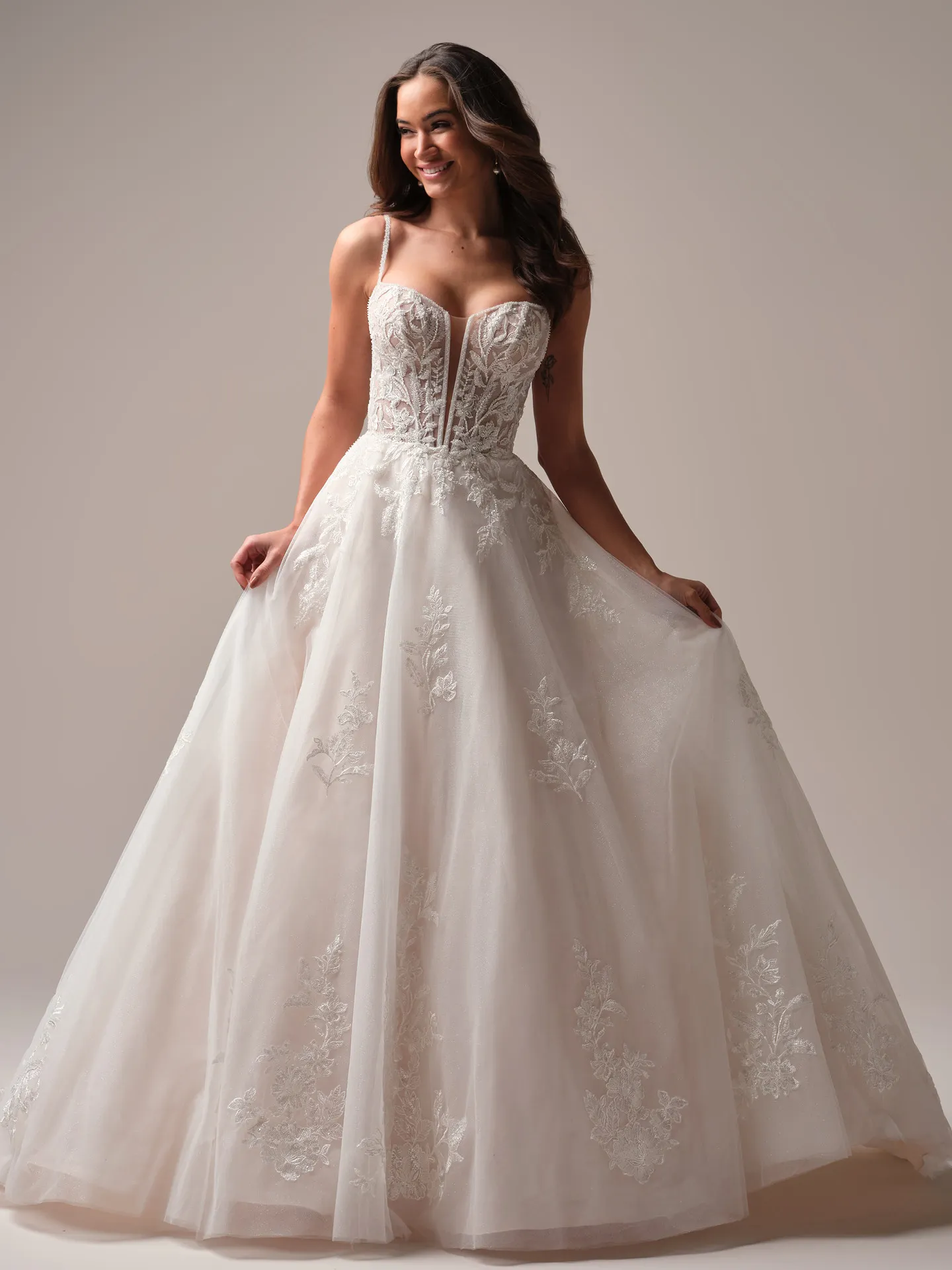 Rebecca Ingram Jude floral plunge lace A-line front view