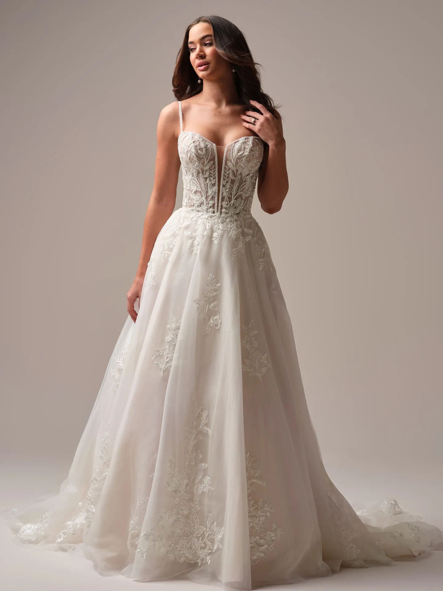 Rebecca Ingram Jude floral plunge lace A-line wedding gown front view