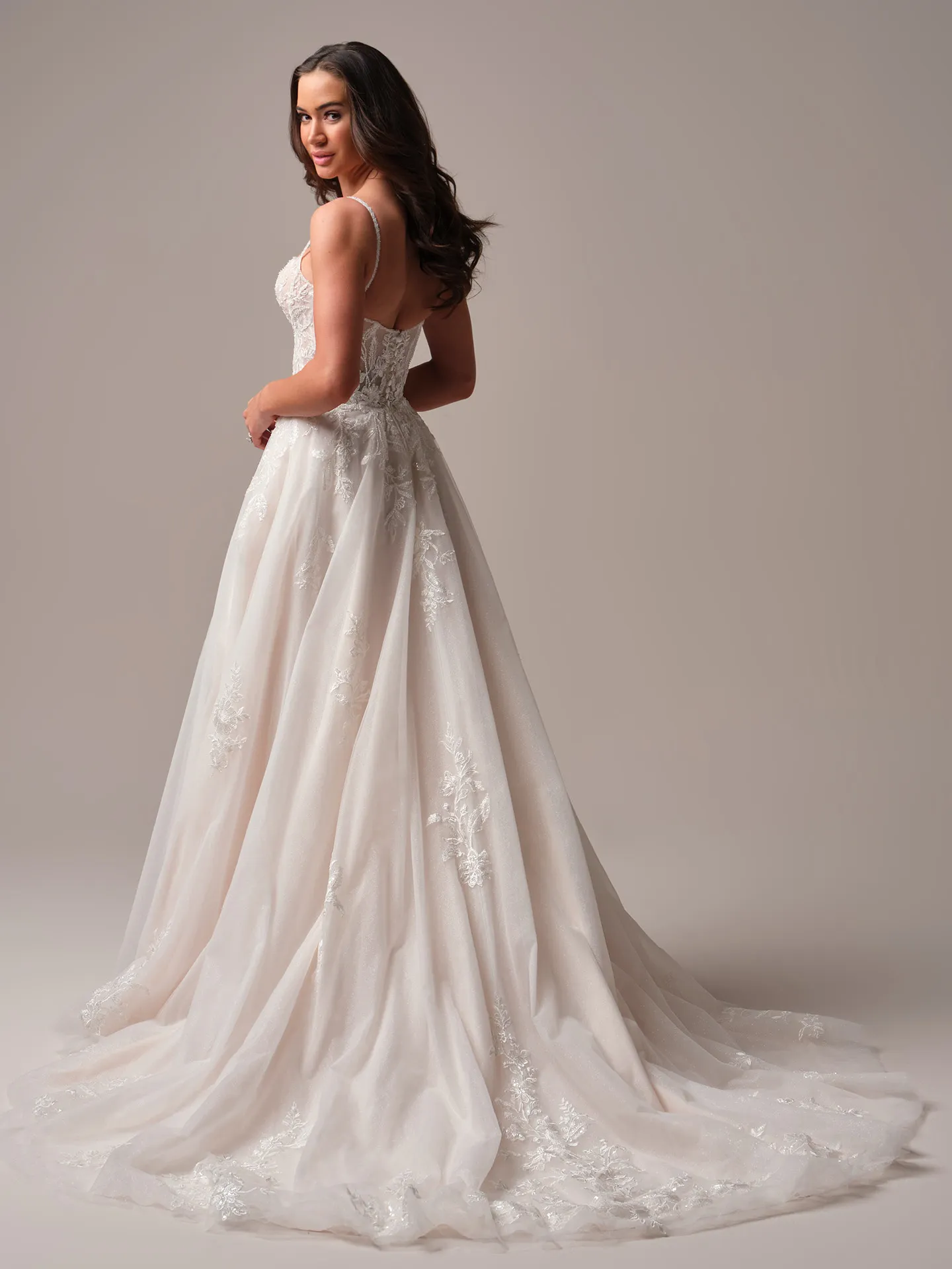 Rebecca Ingram Jude floral plunge lace A-line gown back view
